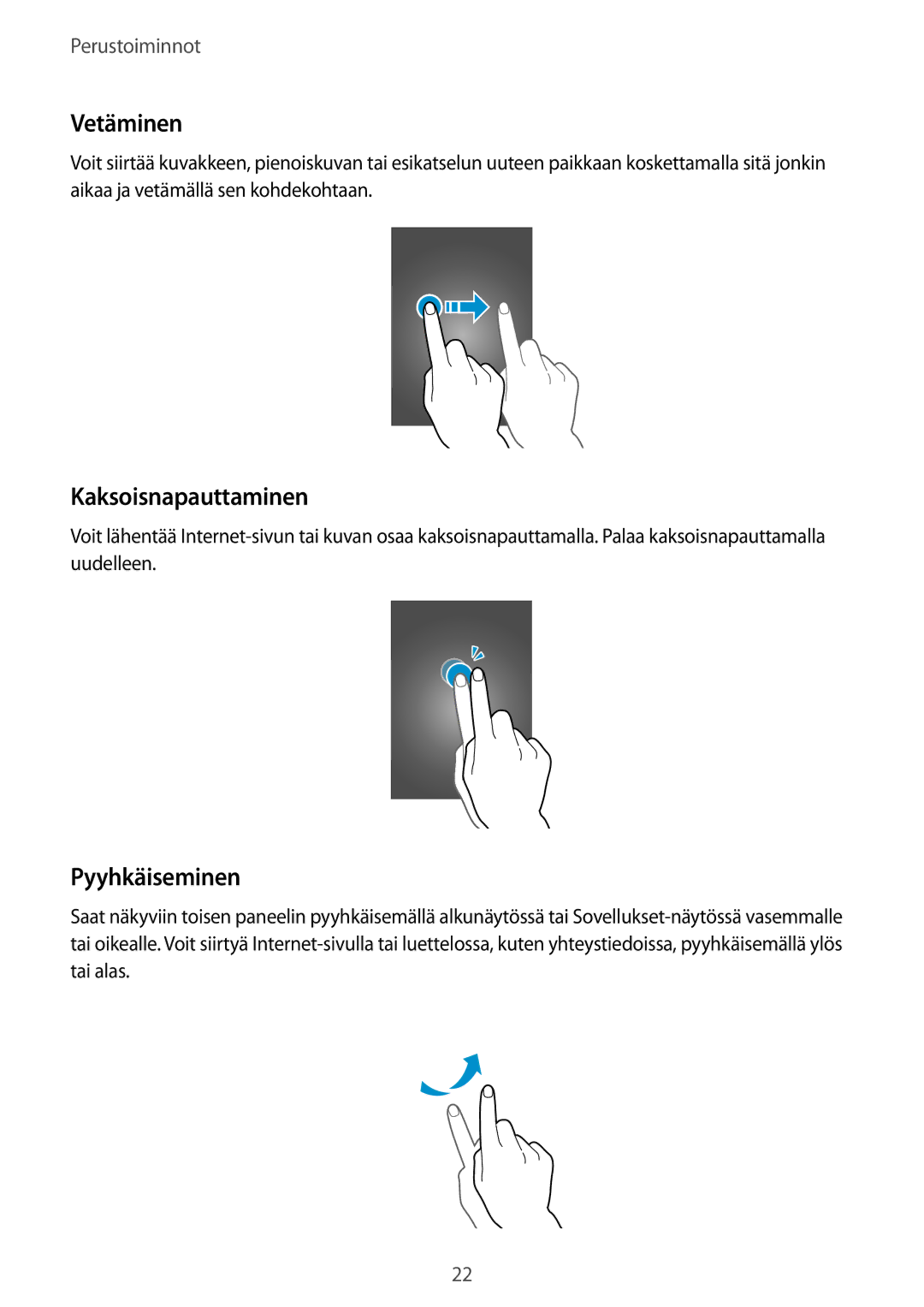 Samsung GT-I9305OKDNEE, GT-I9305RWDNEE, GT-I9305ZNDNEE, GT-I9305OKDHTD manual Vetäminen, Kaksoisnapauttaminen, Pyyhkäiseminen 