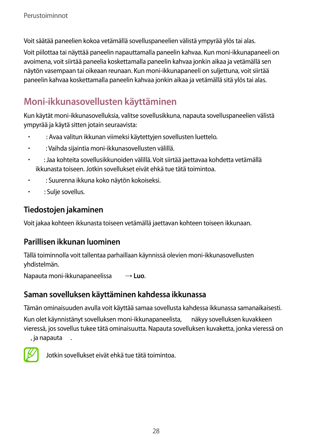 Samsung GT-I9305OKDTLA manual Moni-ikkunasovellusten käyttäminen, Tiedostojen jakaminen, Parillisen ikkunan luominen 