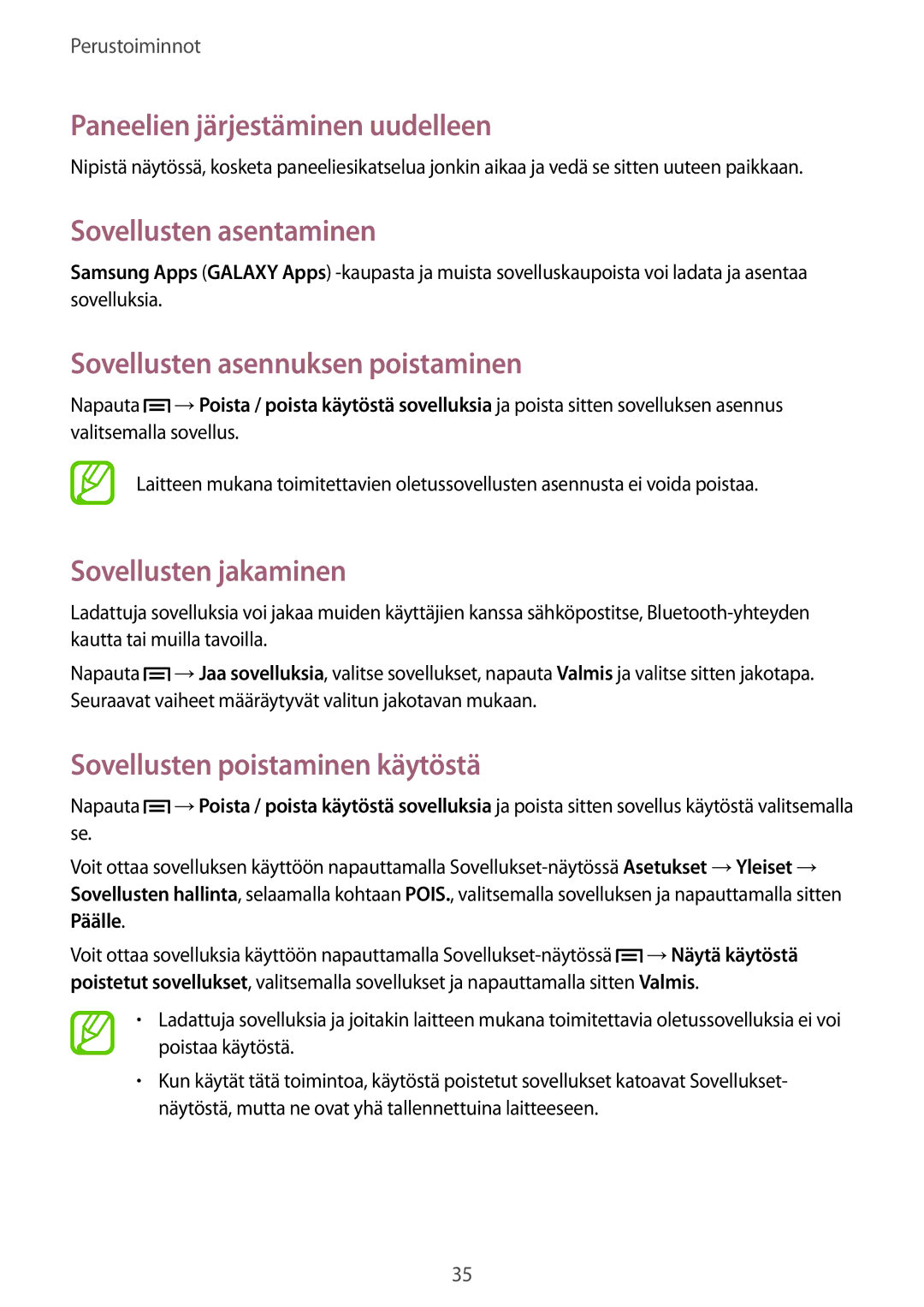 Samsung GT-I9305MBDNEE, GT-I9305RWDNEE Sovellusten asentaminen, Sovellusten asennuksen poistaminen, Sovellusten jakaminen 