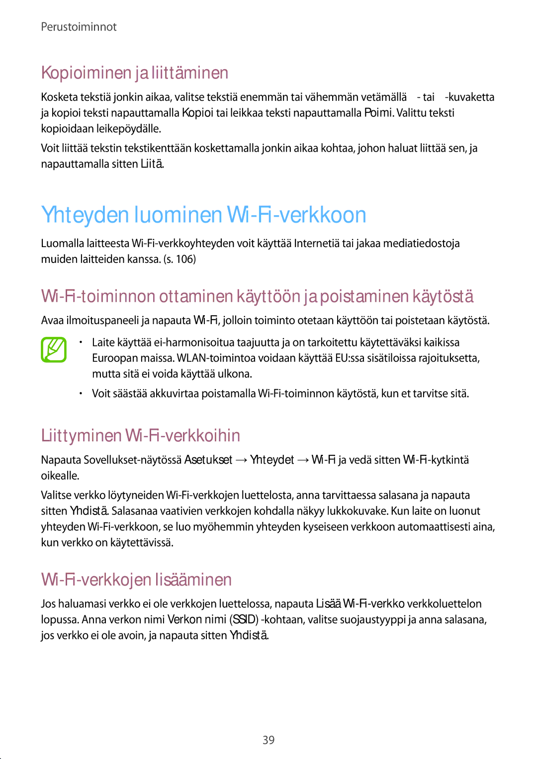 Samsung GT-I9305OKDELS manual Yhteyden luominen Wi-Fi-verkkoon, Kopioiminen ja liittäminen, Liittyminen Wi-Fi-verkkoihin 