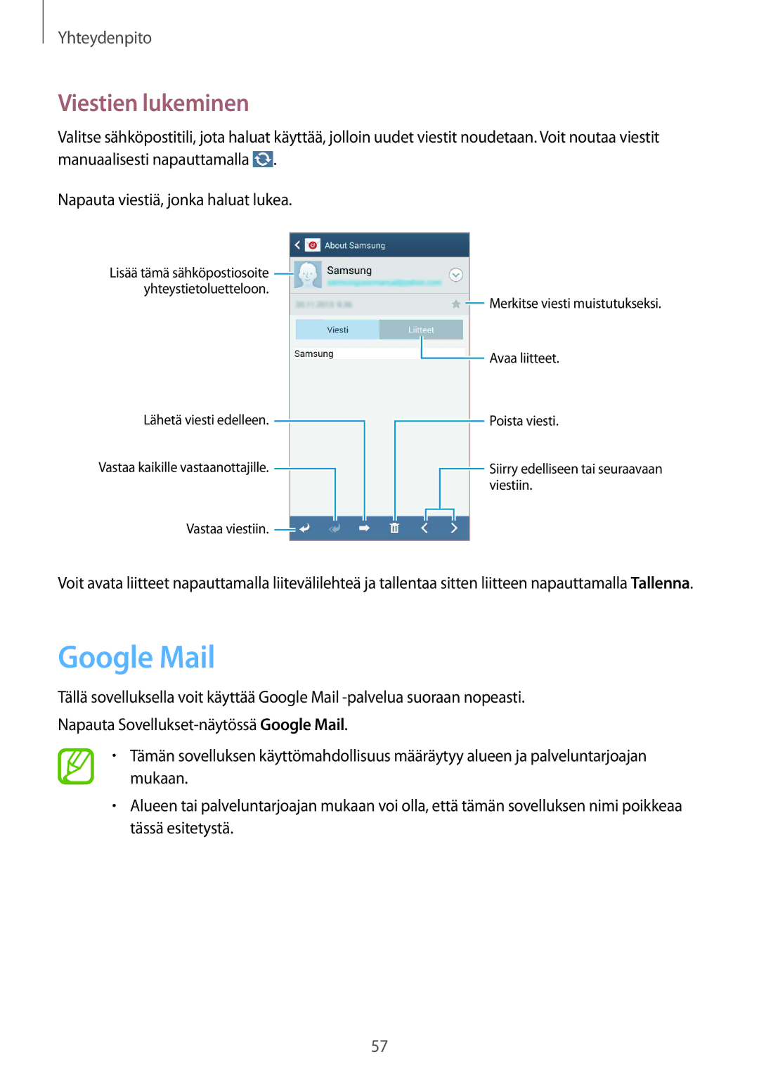 Samsung GT-I9305TADNEE, GT-I9305RWDNEE, GT-I9305ZNDNEE, GT-I9305OKDNEE, GT-I9305OKDHTD manual Google Mail, Viestien lukeminen 