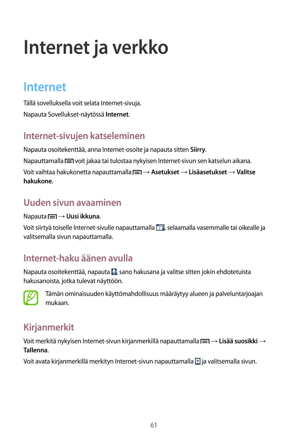 Samsung GT-I9305ZNDNEE, GT-I9305RWDNEE, GT-I9305OKDNEE, GT-I9305OKDHTD, GT-I9305RWDTLA, GT-I9305MBDNEE manual Internet ja verkko 