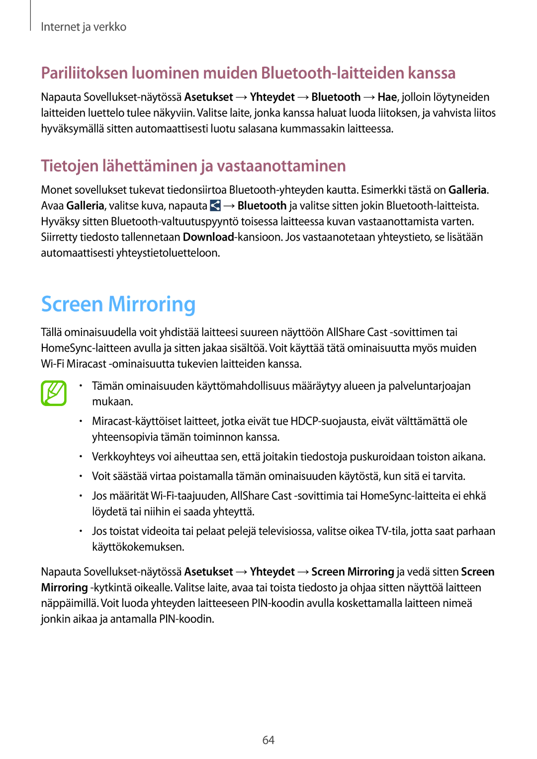 Samsung GT-I9305RWDTLA, GT-I9305RWDNEE manual Screen Mirroring, Pariliitoksen luominen muiden Bluetooth-laitteiden kanssa 