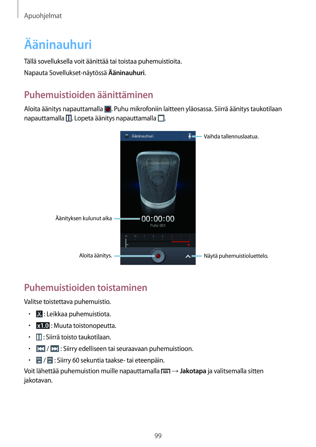 Samsung GT-I9305OKDELS, GT-I9305RWDNEE manual Ääninauhuri, Puhemuistioiden äänittäminen, Puhemuistioiden toistaminen 