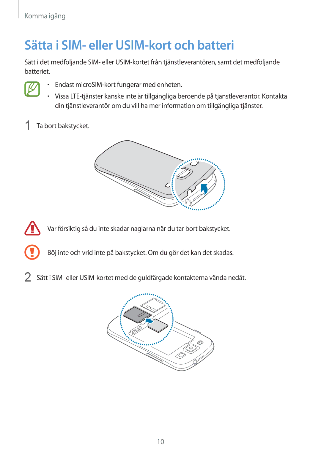 Samsung GT-I9305RWDNEE, GT-I9305ZNDNEE, GT-I9305OKDNEE, GT-I9305OKDHTD manual Sätta i SIM- eller USIM-kort och batteri 