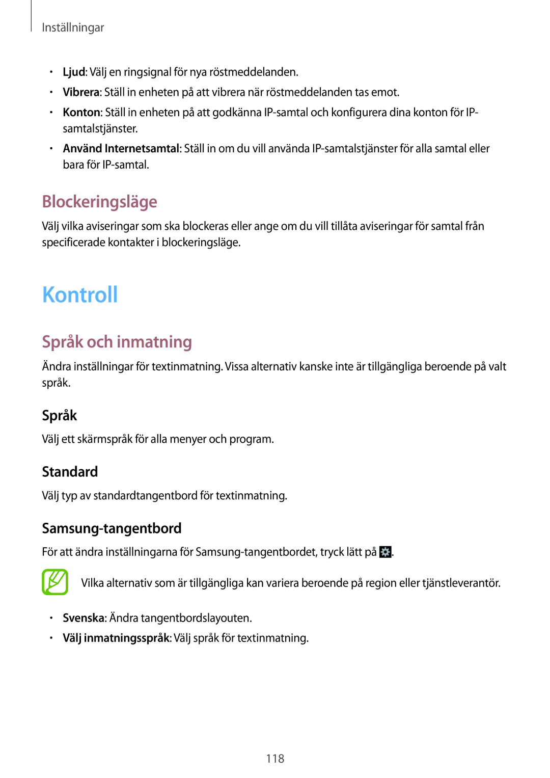 Samsung GT-I9305OKDTLA, GT-I9305RWDNEE, GT-I9305ZNDNEE, GT-I9305OKDNEE manual Kontroll, Blockeringsläge, Språk och inmatning 