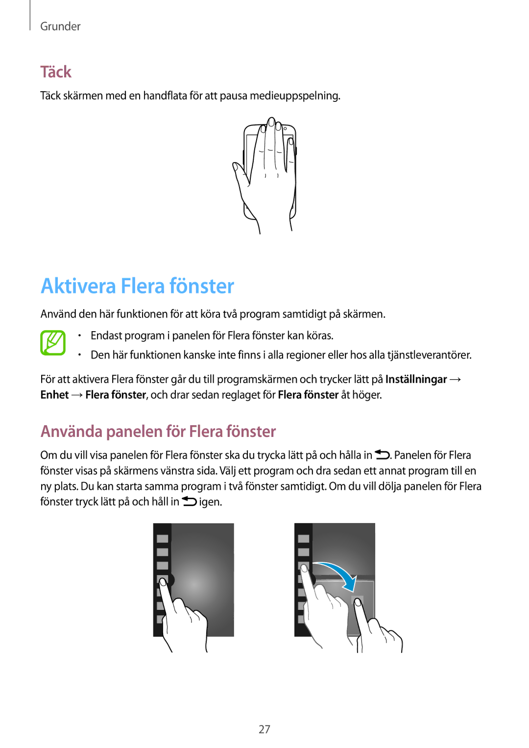 Samsung GT-I9305TADNEE, GT-I9305RWDNEE, GT-I9305ZNDNEE manual Aktivera Flera fönster, Täck, Använda panelen för Flera fönster 