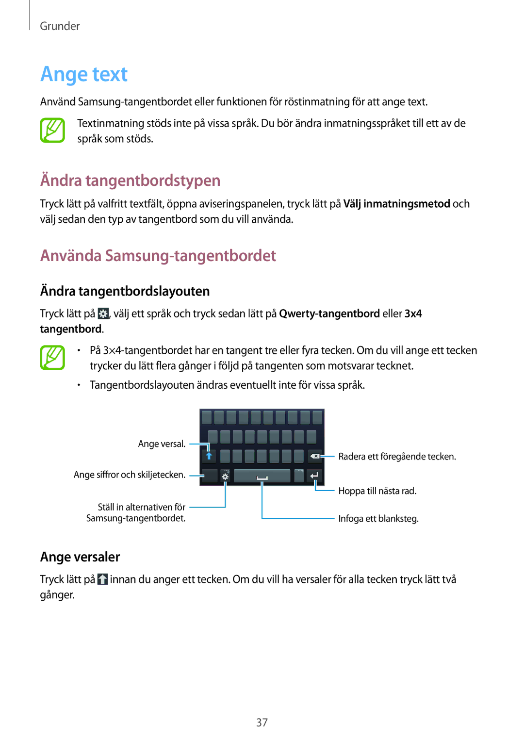 Samsung GT-I9305TADNEE manual Ange text, Ändra tangentbordstypen, Använda Samsung-tangentbordet, Ändra tangentbordslayouten 