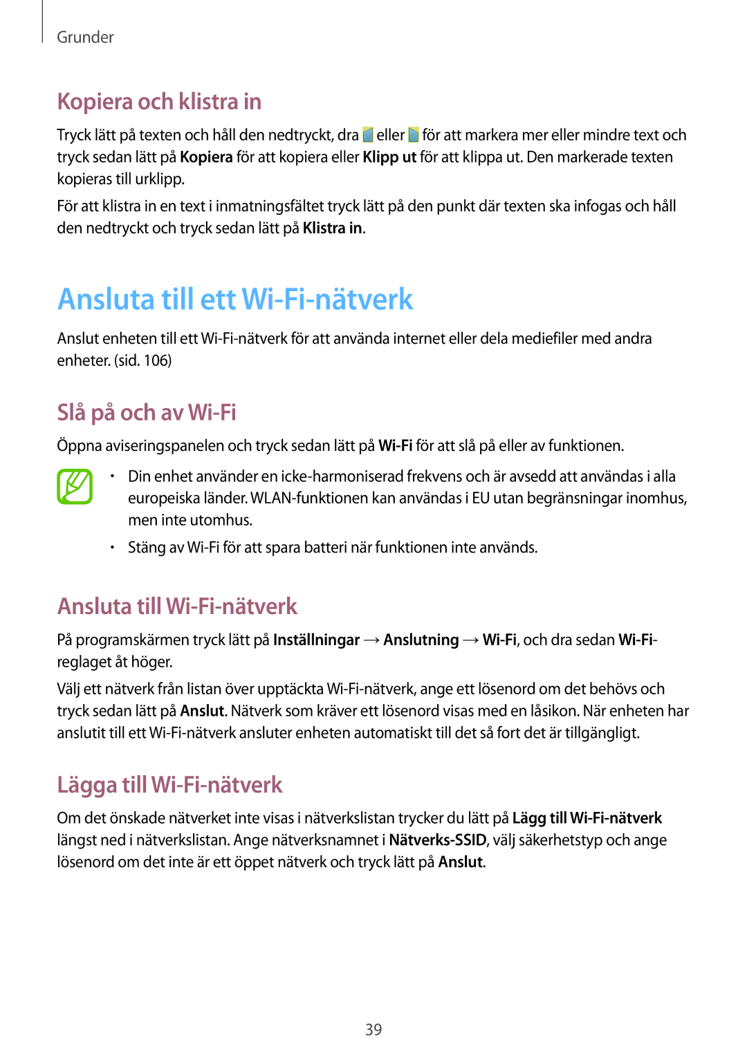 Samsung GT-I9305OKDELS Ansluta till ett Wi-Fi-nätverk, Kopiera och klistra, Slå på och av Wi-Fi, Lägga till Wi-Fi-nätverk 