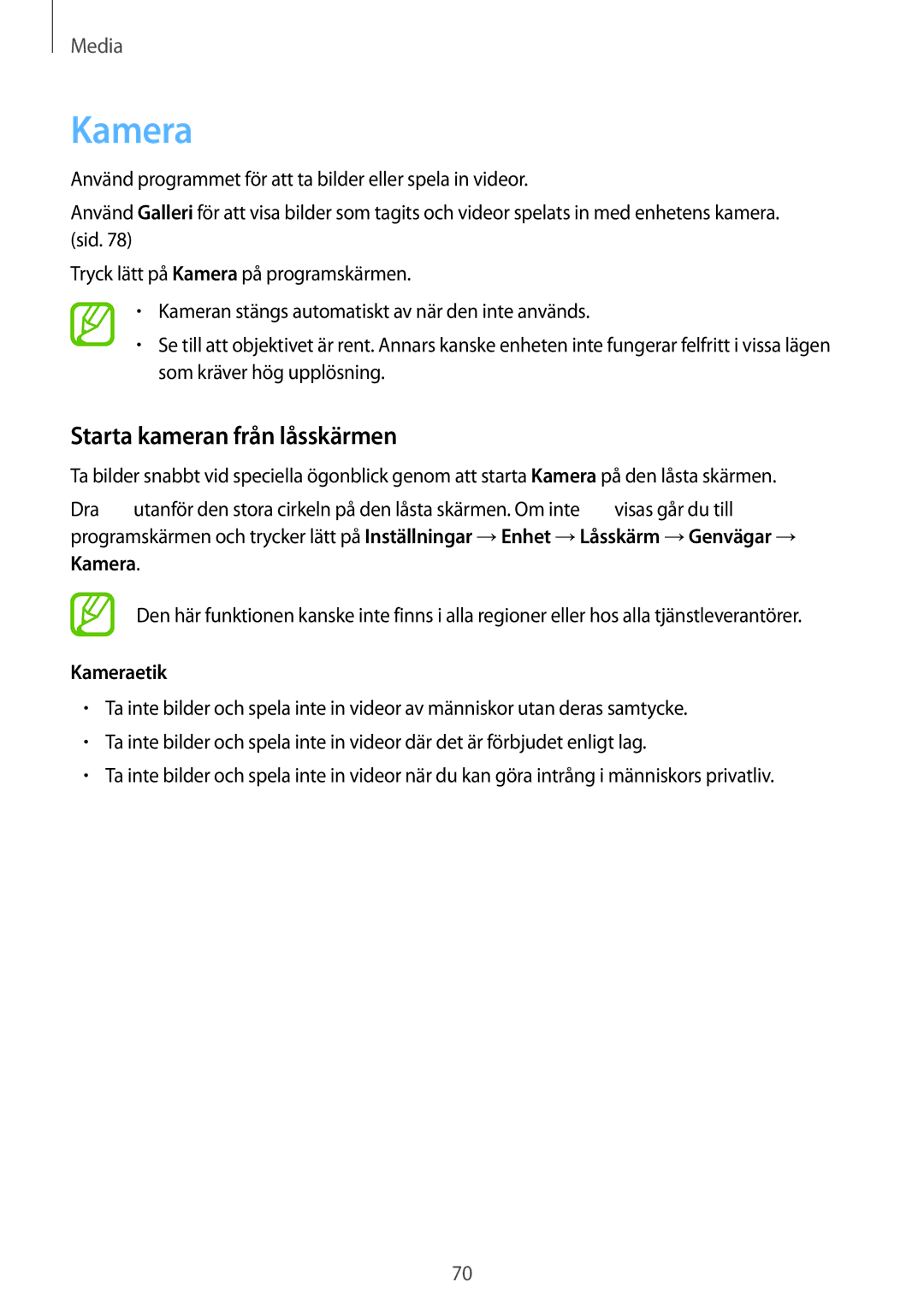 Samsung GT-I9305RWDNEE, GT-I9305ZNDNEE, GT-I9305OKDNEE, GT-I9305OKDHTD manual Starta kameran från låsskärmen, Kameraetik 