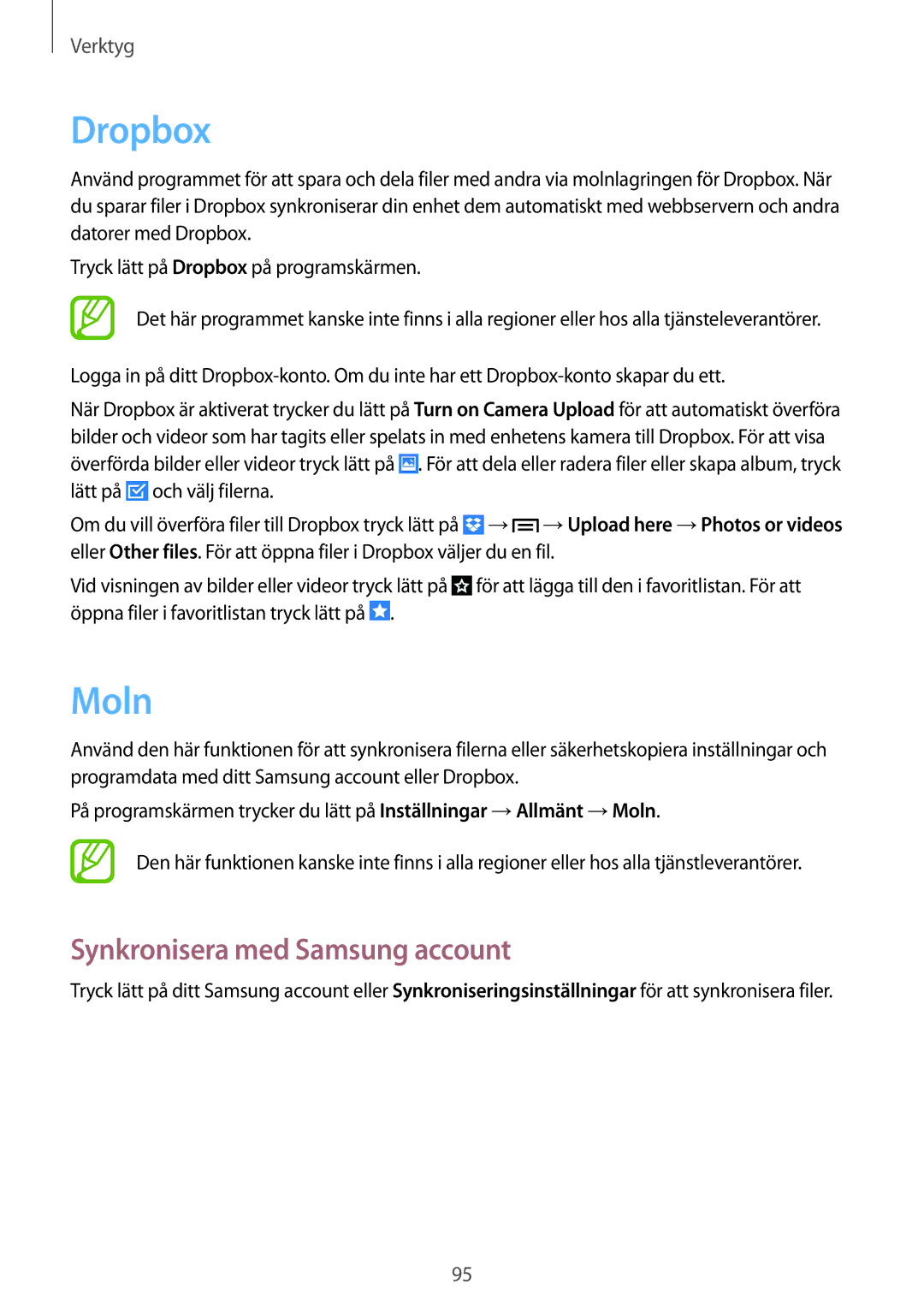 Samsung GT-I9305MBDNEE, GT-I9305RWDNEE, GT-I9305ZNDNEE, GT-I9305OKDNEE manual Dropbox, Moln, Synkronisera med Samsung account 