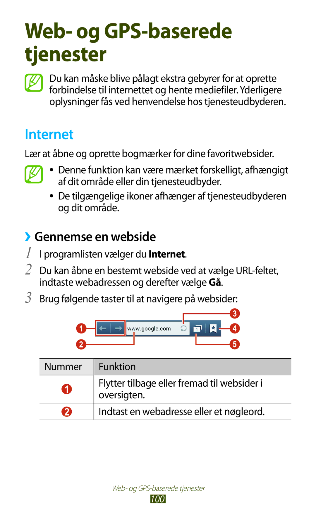 Samsung GT-I9305RWDNEE manual Internet, ››Gennemse en webside, Lær at åbne og oprette bogmærker for dine favoritwebsider 