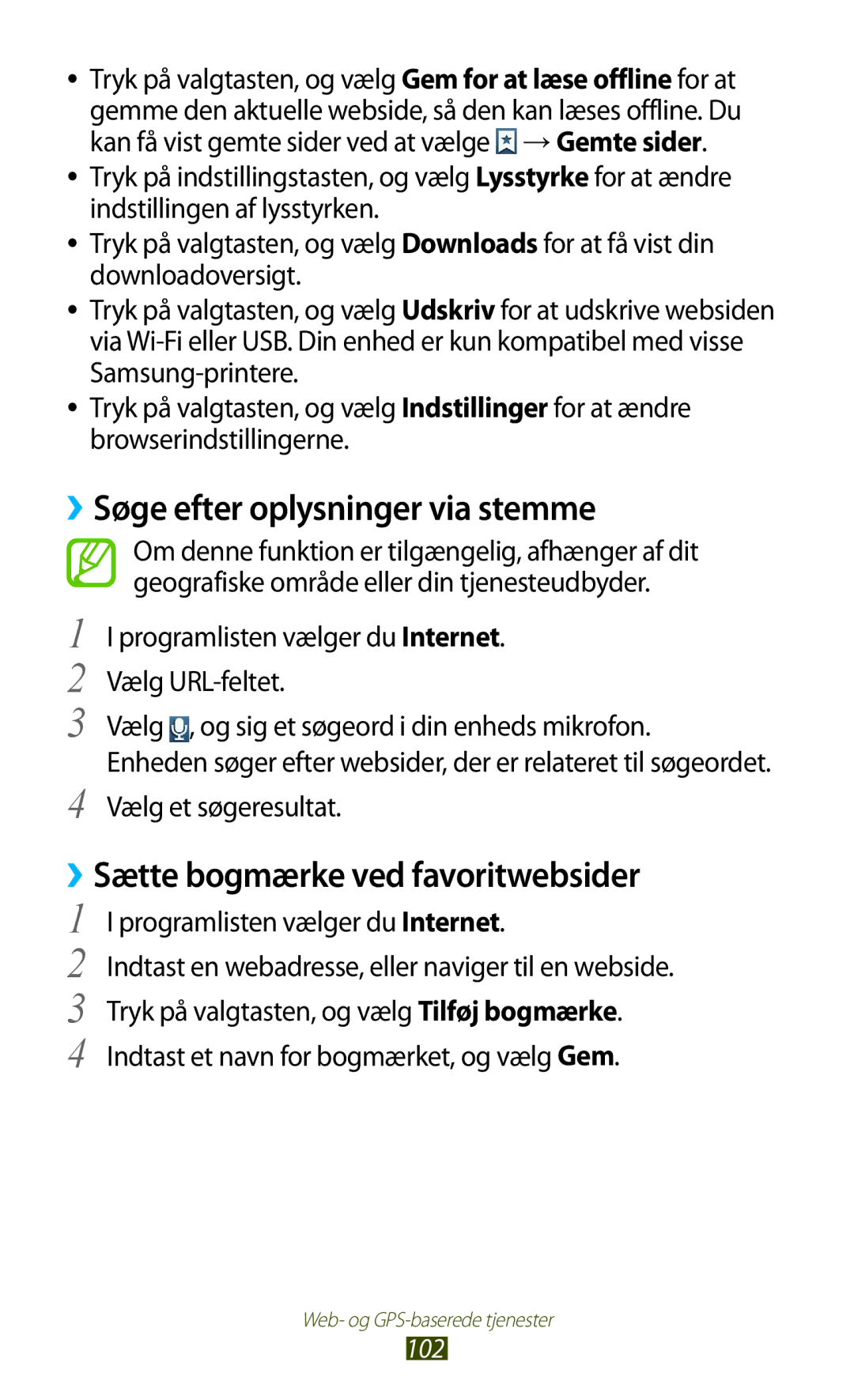Samsung GT-I9305OKDNEE, GT-I9305RWDNEE manual ››Søge efter oplysninger via stemme, ››Sætte bogmærke ved favoritwebsider 