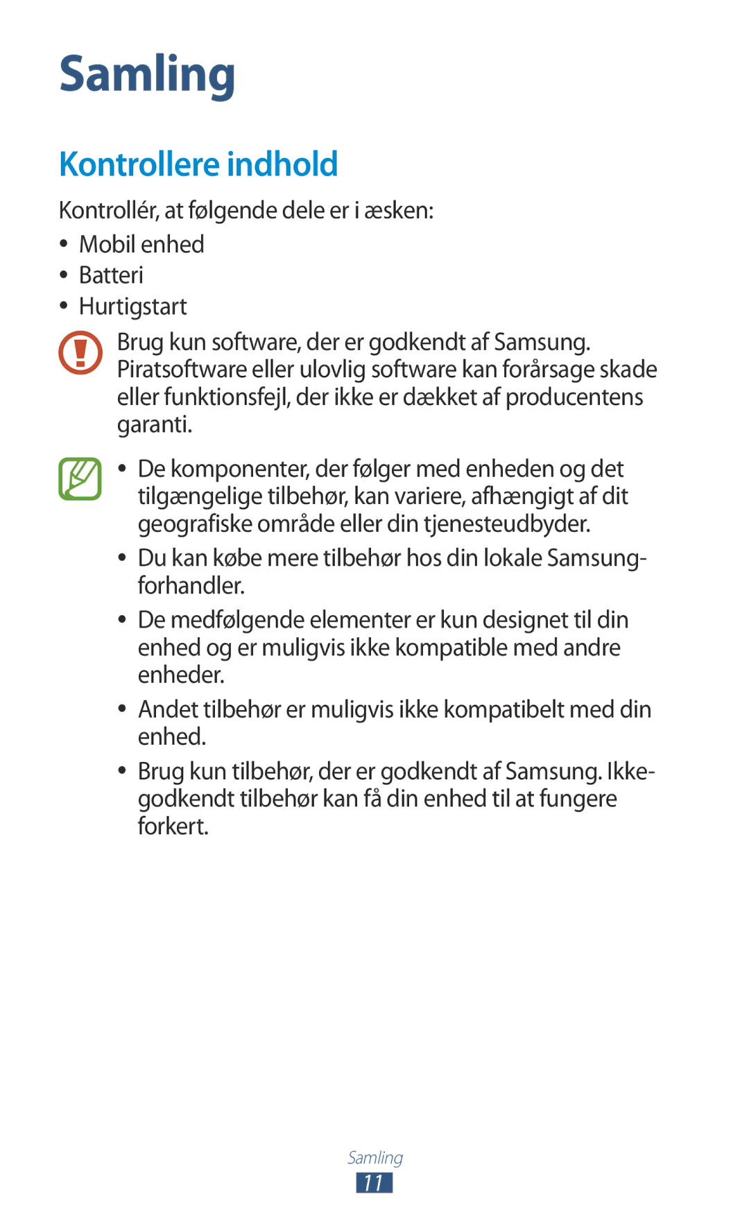 Samsung GT-I9305ZNDNEE, GT-I9305RWDNEE, GT-I9305OKDNEE, GT-I9305OKDHTD, GT-I9305RWDTLA manual Samling, Kontrollere indhold 