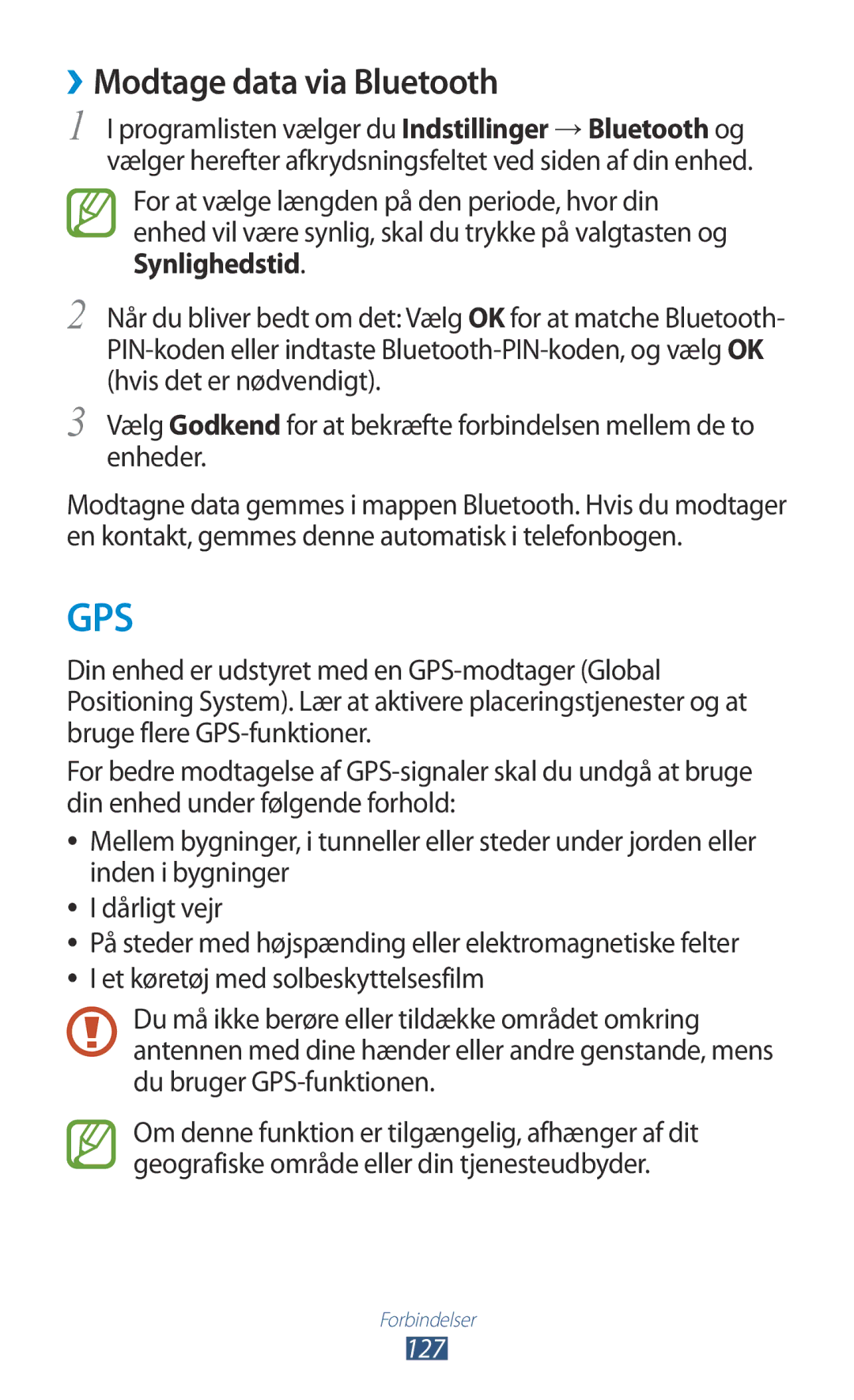 Samsung GT-I9305TADNEE, GT-I9305RWDNEE, GT-I9305ZNDNEE, GT-I9305OKDNEE, GT-I9305OKDHTD manual Gps, ››Modtage data via Bluetooth 