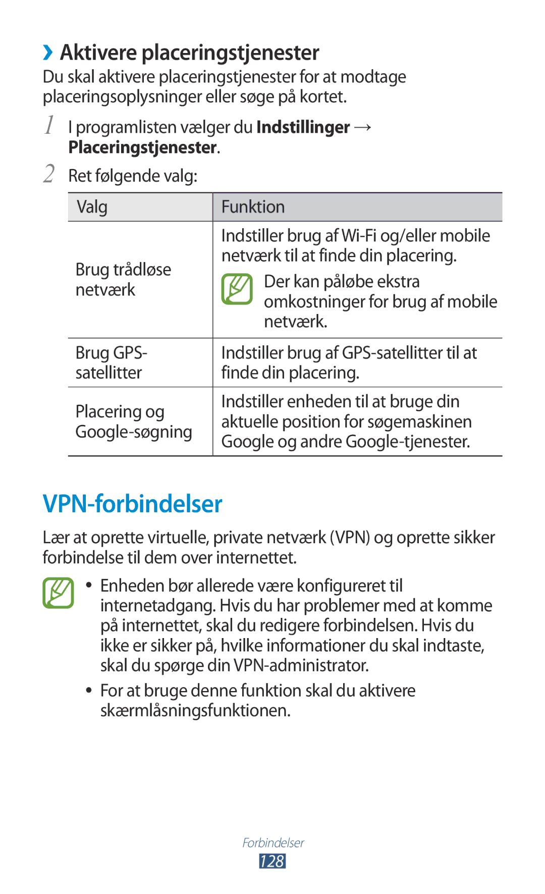 Samsung GT-I9305OKDTLA, GT-I9305RWDNEE manual VPN-forbindelser, ››Aktivere placeringstjenester, Placeringstjenester 