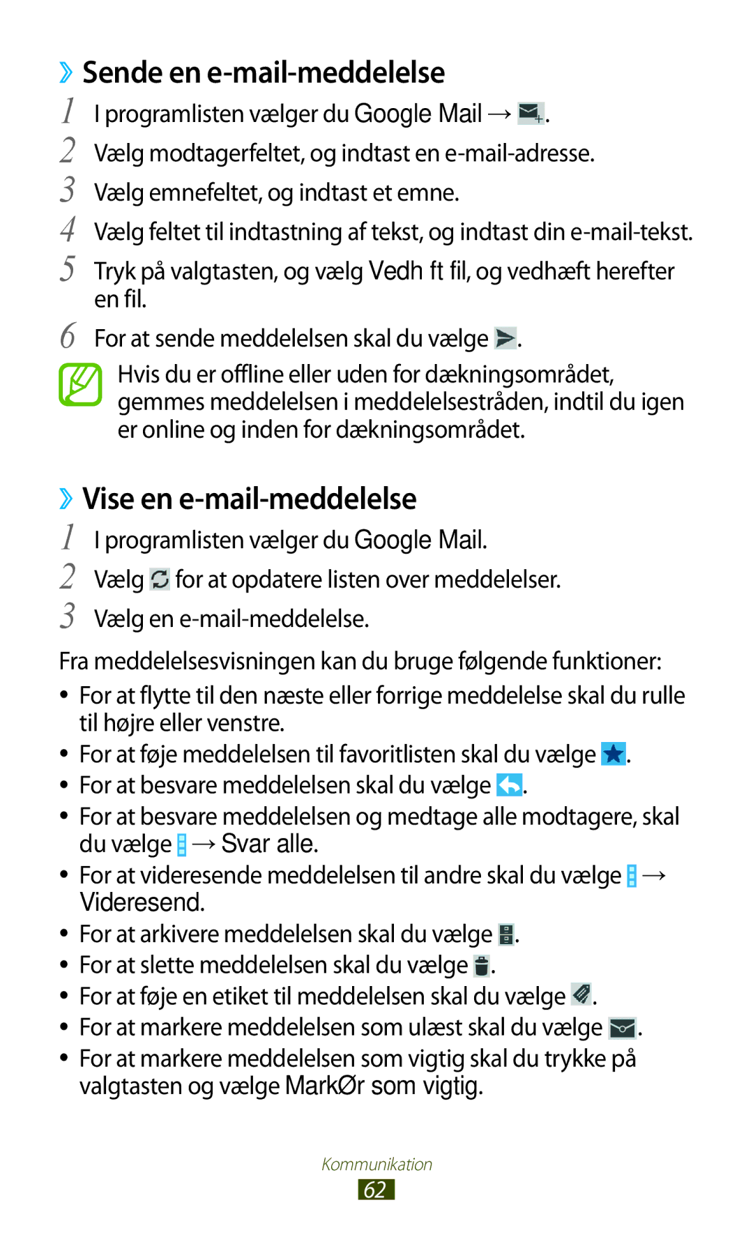 Samsung GT-I9305OKDNEE manual ››Sende en e-mail-meddelelse, Vise en e-mail-meddelelse, Programlisten vælger du Google Mail 