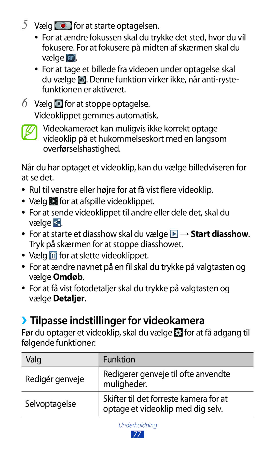 Samsung GT-I9305TADNEE, GT-I9305RWDNEE, GT-I9305ZNDNEE, GT-I9305OKDNEE manual ››Tilpasse indstillinger for videokamera 