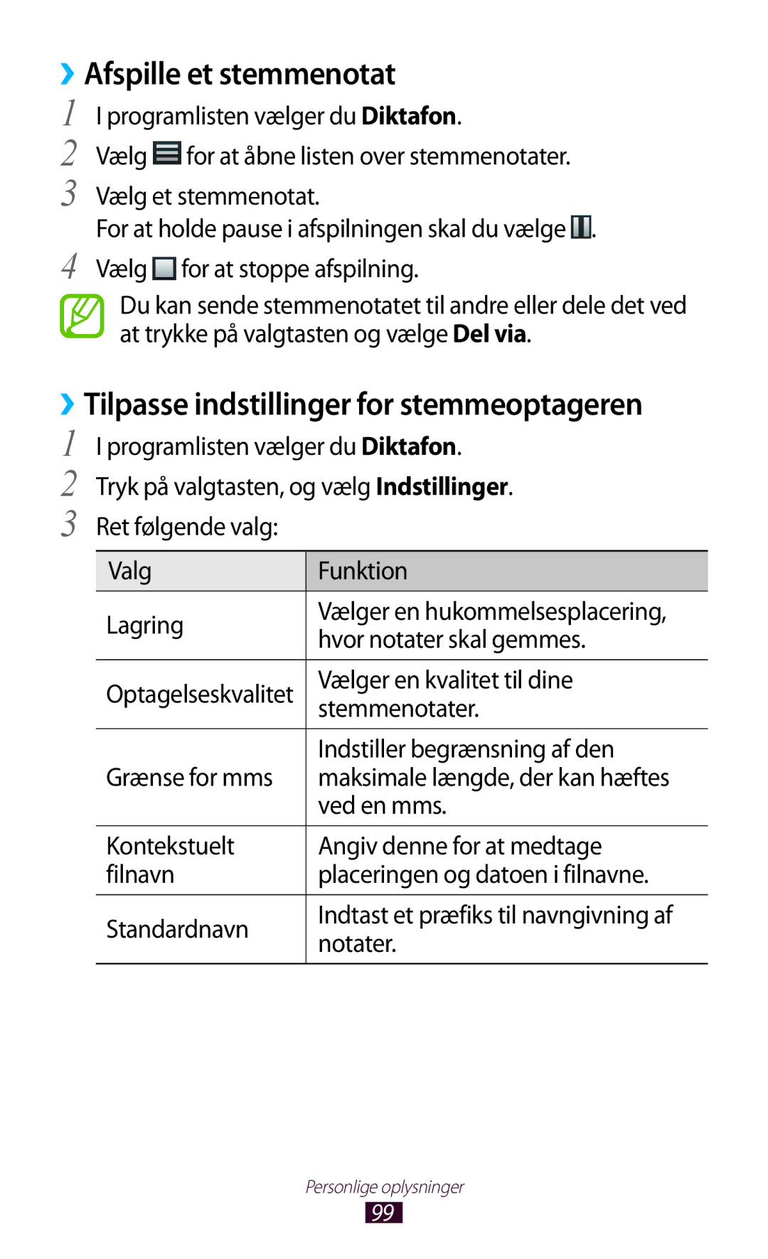 Samsung GT-I9305OKDELS, GT-I9305RWDNEE, GT-I9305ZNDNEE, GT-I9305OKDNEE, GT-I9305OKDHTD manual ››Afspille et stemmenotat 