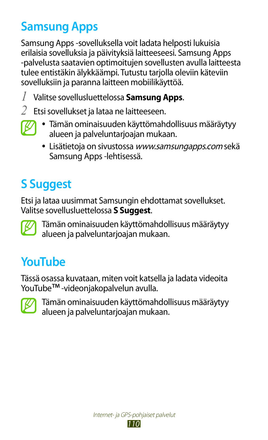 Samsung GT-I9305RWDNEE, GT-I9305ZNDNEE, GT-I9305OKDNEE, GT-I9305OKDHTD, GT-I9305RWDTLA manual Samsung Apps, Suggest, YouTube 