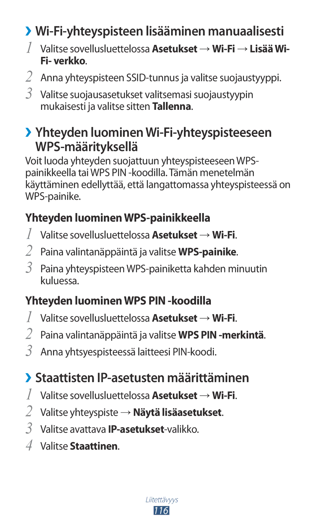 Samsung GT-I9305RWDHTD manual WPS-määrityksellä, ››Staattisten IP-asetusten määrittäminen, Fi- verkko, Valitse Staattinen 