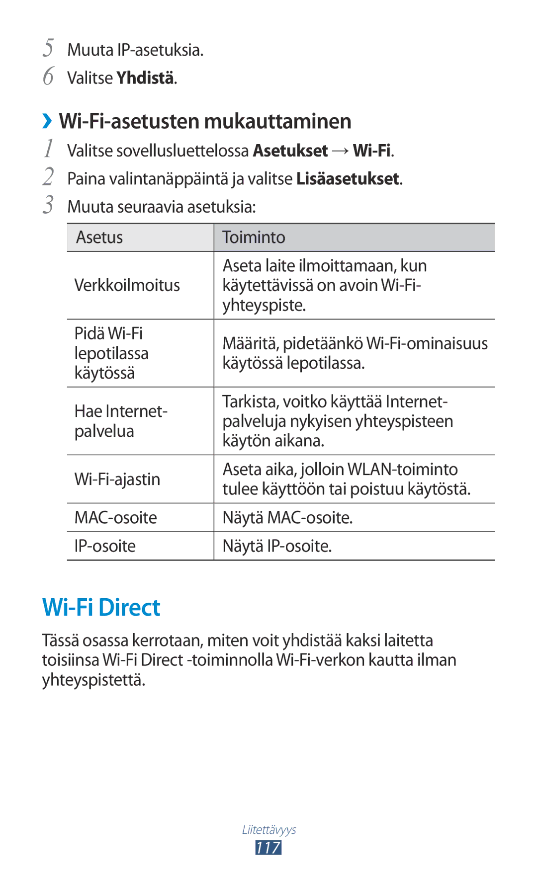 Samsung GT-I9305TADNEE, GT-I9305RWDNEE, GT-I9305ZNDNEE, GT-I9305OKDNEE manual Wi-Fi Direct, ››Wi-Fi-asetusten mukauttaminen 