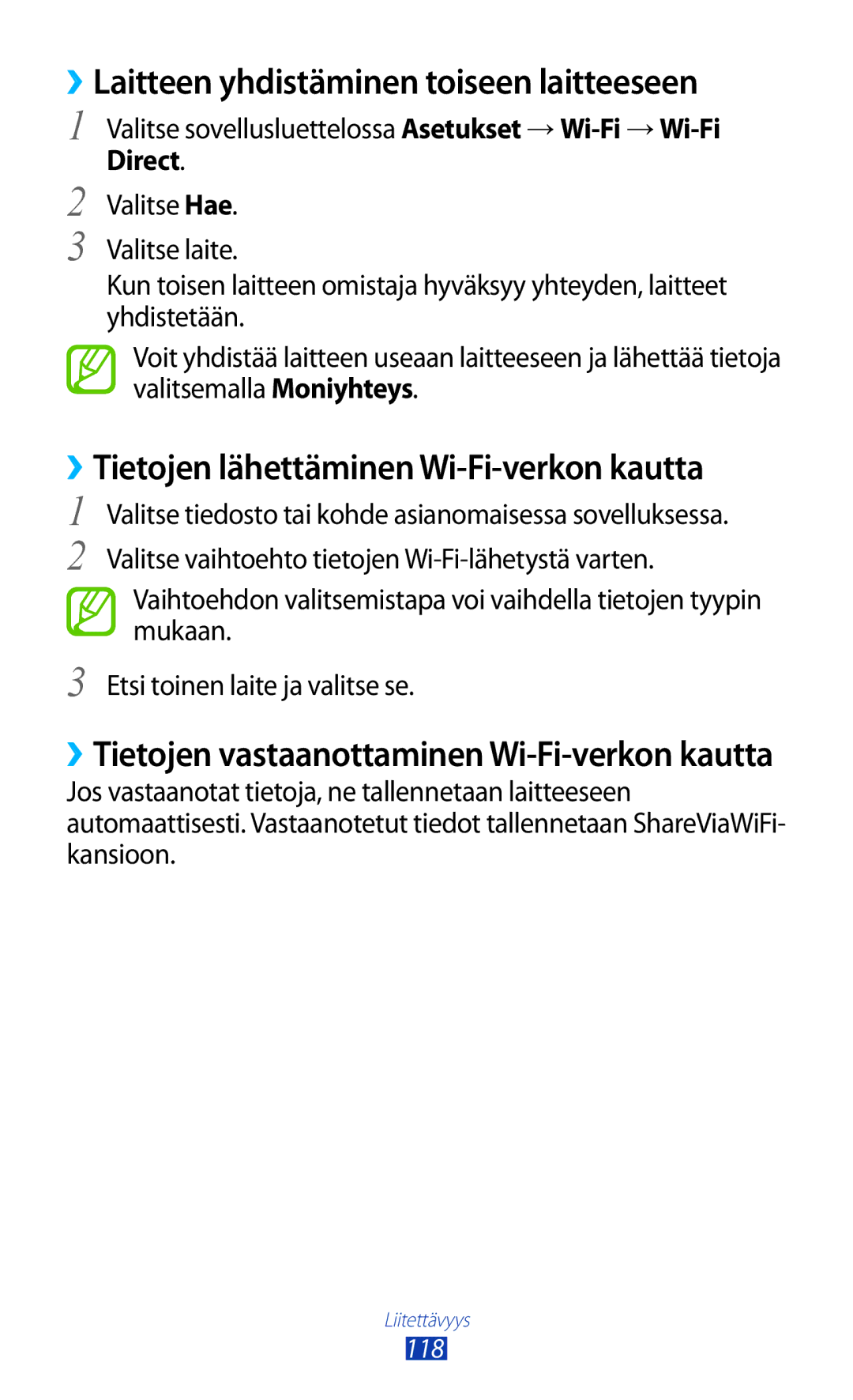 Samsung GT-I9305OKDTLA ››Laitteen yhdistäminen toiseen laitteeseen, ››Tietojen lähettäminen Wi-Fi-verkon kautta, Direct 