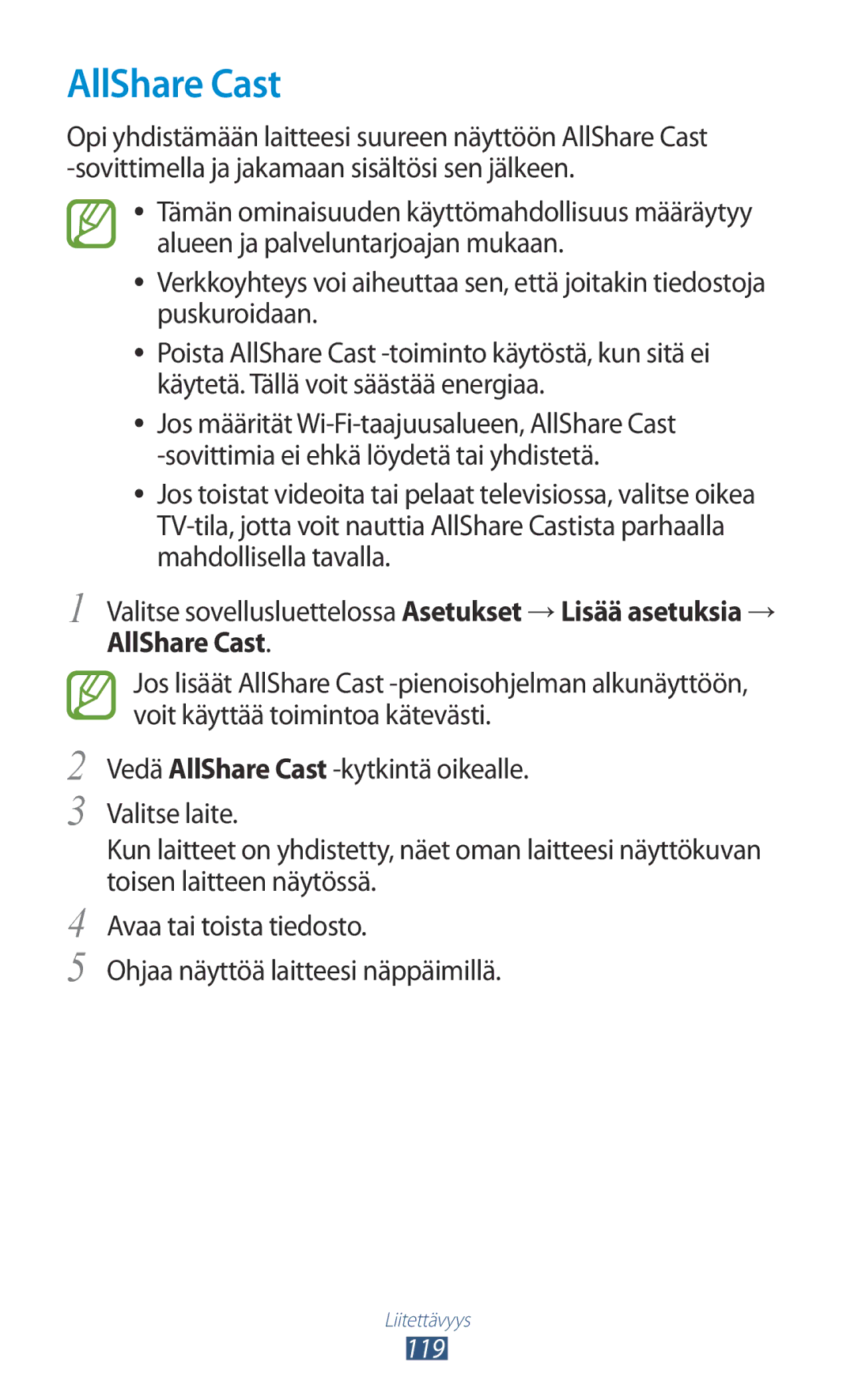 Samsung GT-I9305OKDELS, GT-I9305RWDNEE, GT-I9305ZNDNEE, GT-I9305OKDNEE, GT-I9305OKDHTD, GT-I9305RWDTLA manual AllShare Cast 