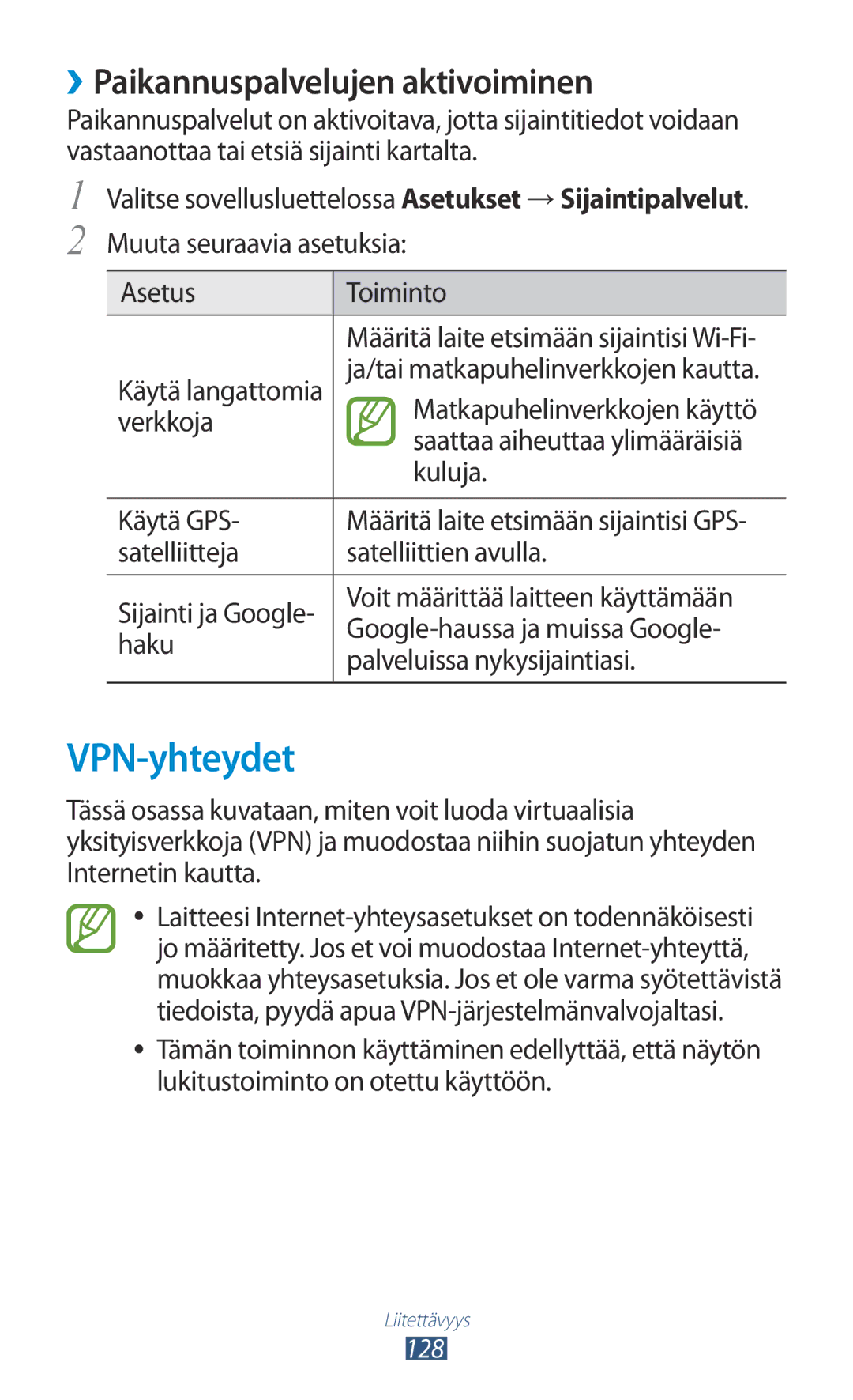 Samsung GT-I9305OKDTLA, GT-I9305RWDNEE, GT-I9305ZNDNEE, GT-I9305OKDNEE manual VPN-yhteydet, ››Paikannuspalvelujen aktivoiminen 