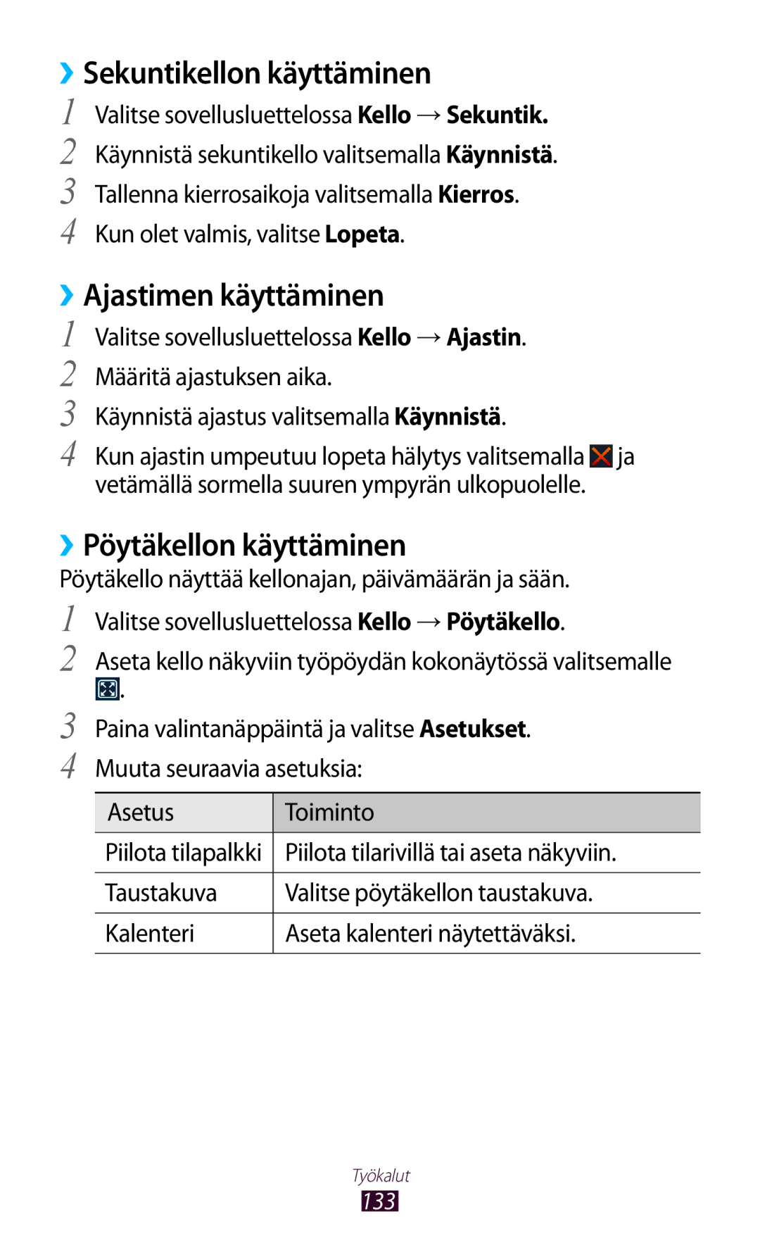 Samsung GT-I9305OKDHTD, GT-I9305RWDNEE ››Sekuntikellon käyttäminen, ››Ajastimen käyttäminen, ››Pöytäkellon käyttäminen 