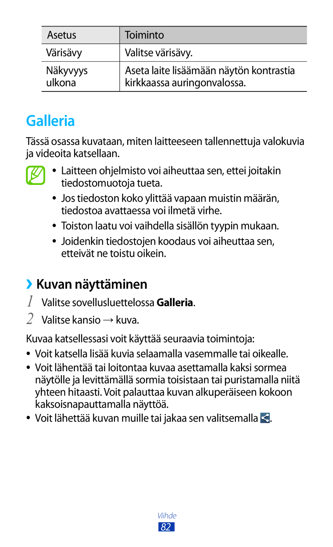 Samsung GT-I9305OKDNEE, GT-I9305RWDNEE Galleria, ››Kuvan näyttäminen, Asetus Toiminto Värisävy Valitse värisävy Näkyvyys 