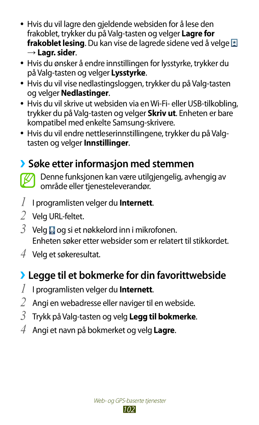 Samsung GT-I9305OKDNEE manual ››Søke etter informasjon med stemmen, → Lagr. sider, Programlisten velger du Internett 