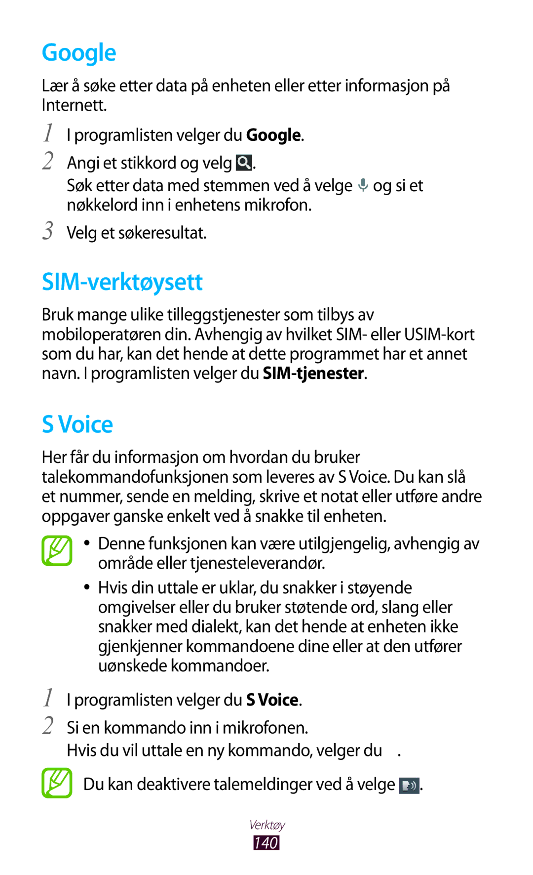 Samsung GT-I9305RWDNEE, GT-I9305ZNDNEE, GT-I9305OKDNEE, GT-I9305OKDHTD, GT-I9305RWDTLA manual Google, SIM-verktøysett, Voice 