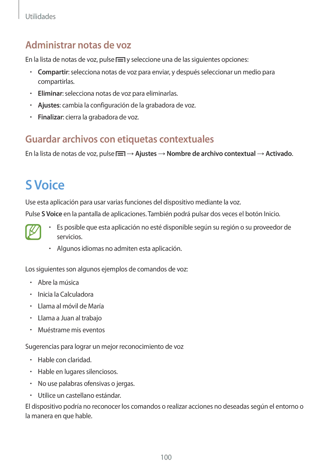 Samsung GT-I9305RWDSFR, GT-I9305OKDSFR manual Voice, Administrar notas de voz, Guardar archivos con etiquetas contextuales 