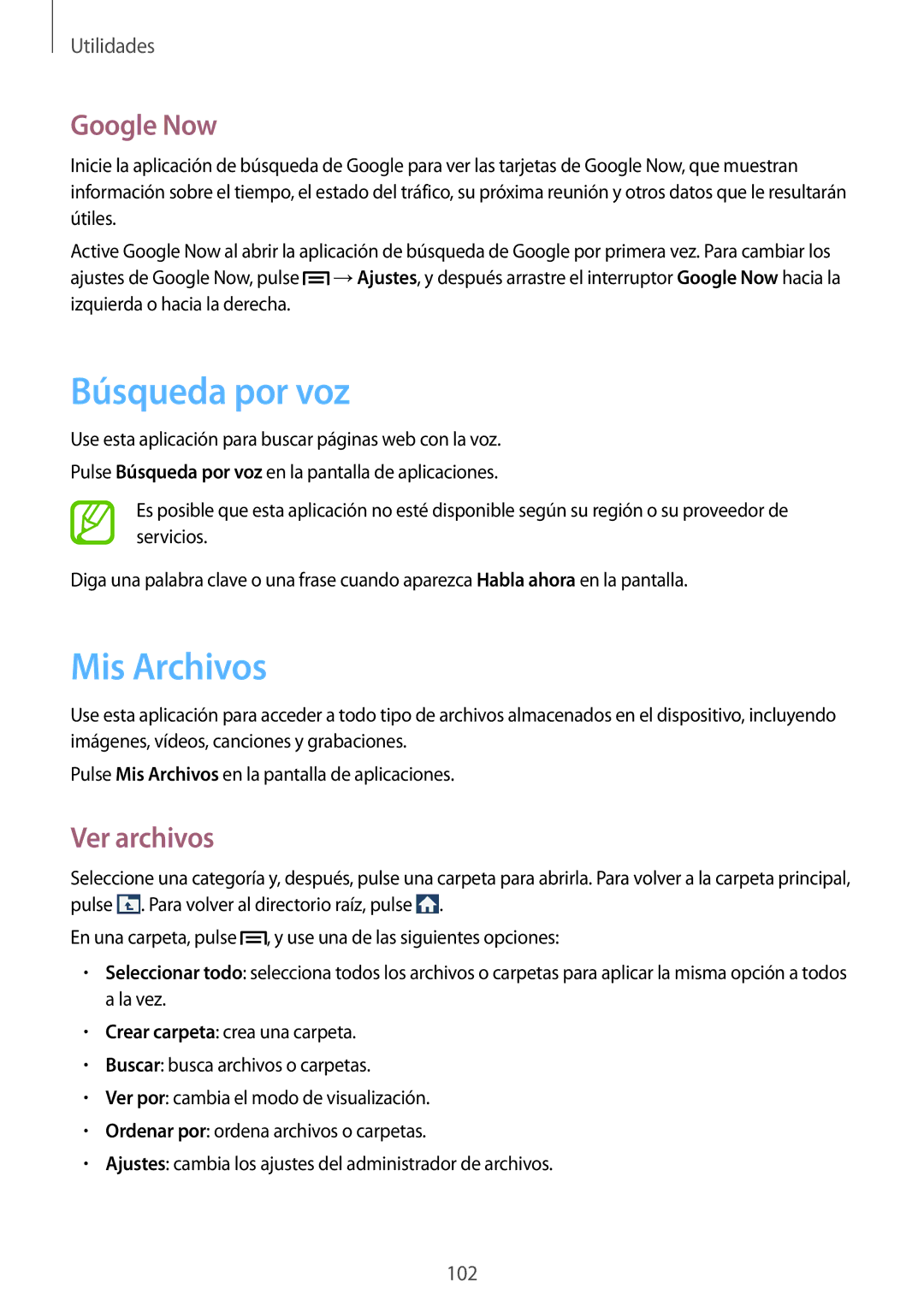 Samsung GT-I9305RWDATL, GT-I9305RWDSFR, GT-I9305OKDSFR manual Búsqueda por voz, Mis Archivos, Google Now, Ver archivos 