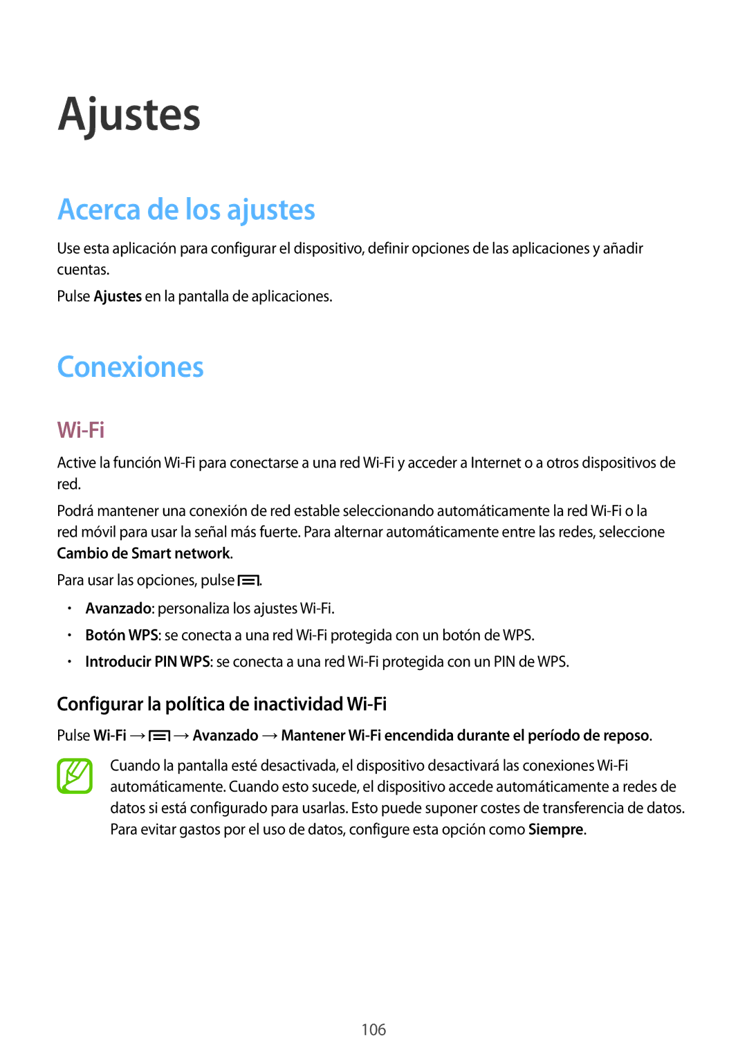 Samsung GT-I9305OKDSFR manual Ajustes, Acerca de los ajustes, Conexiones, Configurar la política de inactividad Wi-Fi 