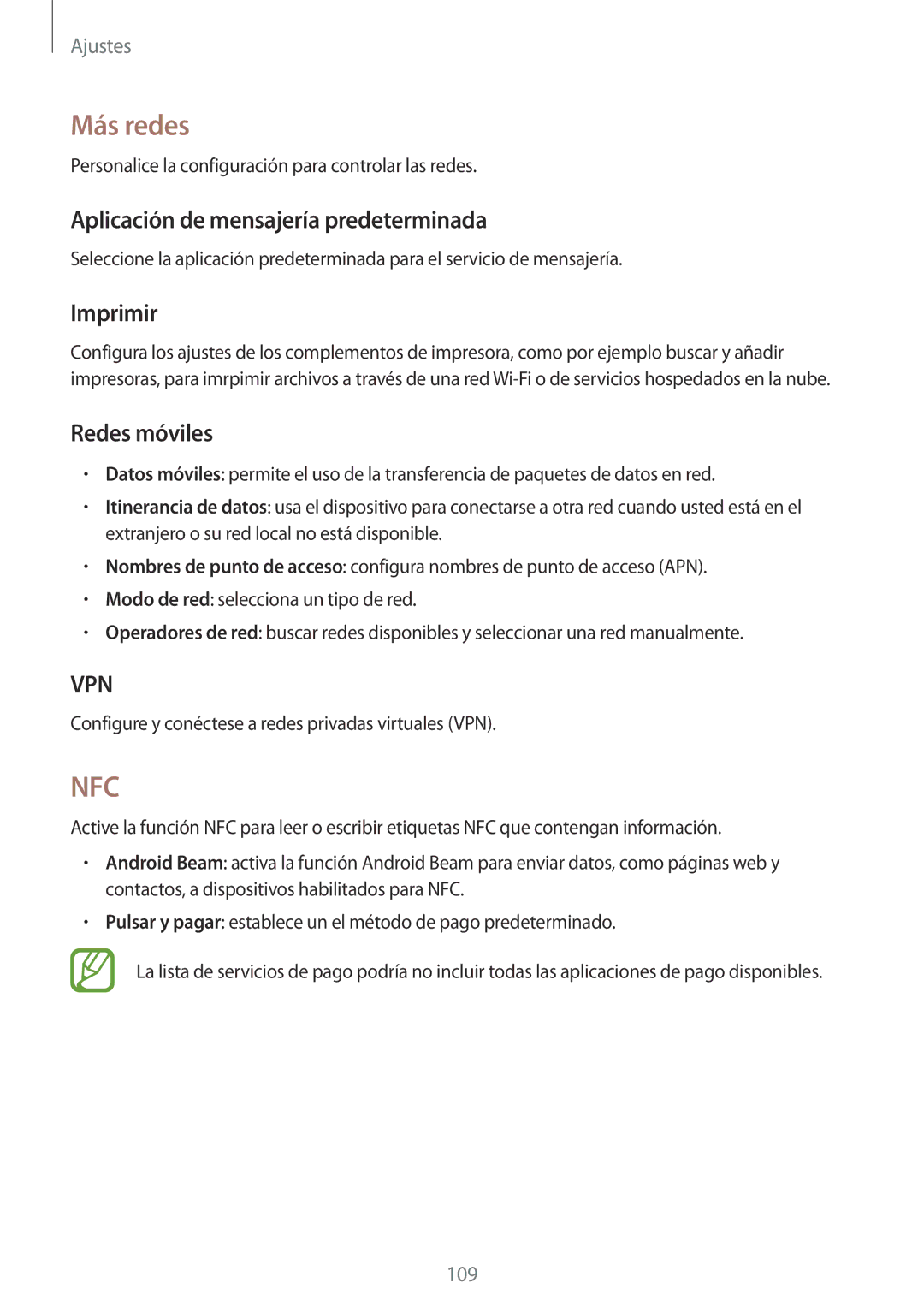 Samsung GT-I9305MBDATL, GT-I9305RWDSFR manual Más redes, Aplicación de mensajería predeterminada, Imprimir, Redes móviles 