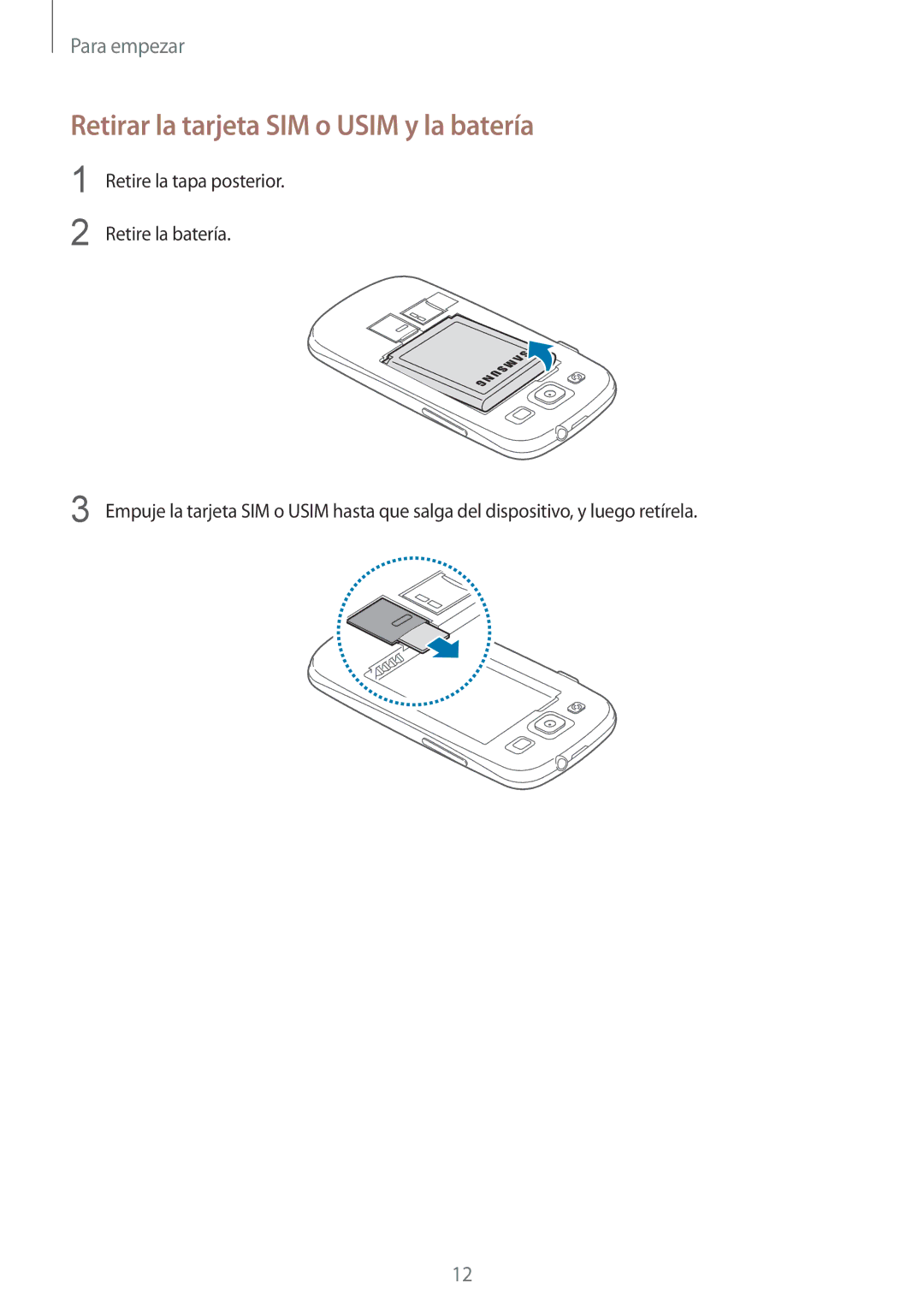 Samsung GT-I9305RWDATL, GT-I9305RWDSFR, GT-I9305OKDSFR, GT-I9305OKDKPN manual Retirar la tarjeta SIM o Usim y la batería 