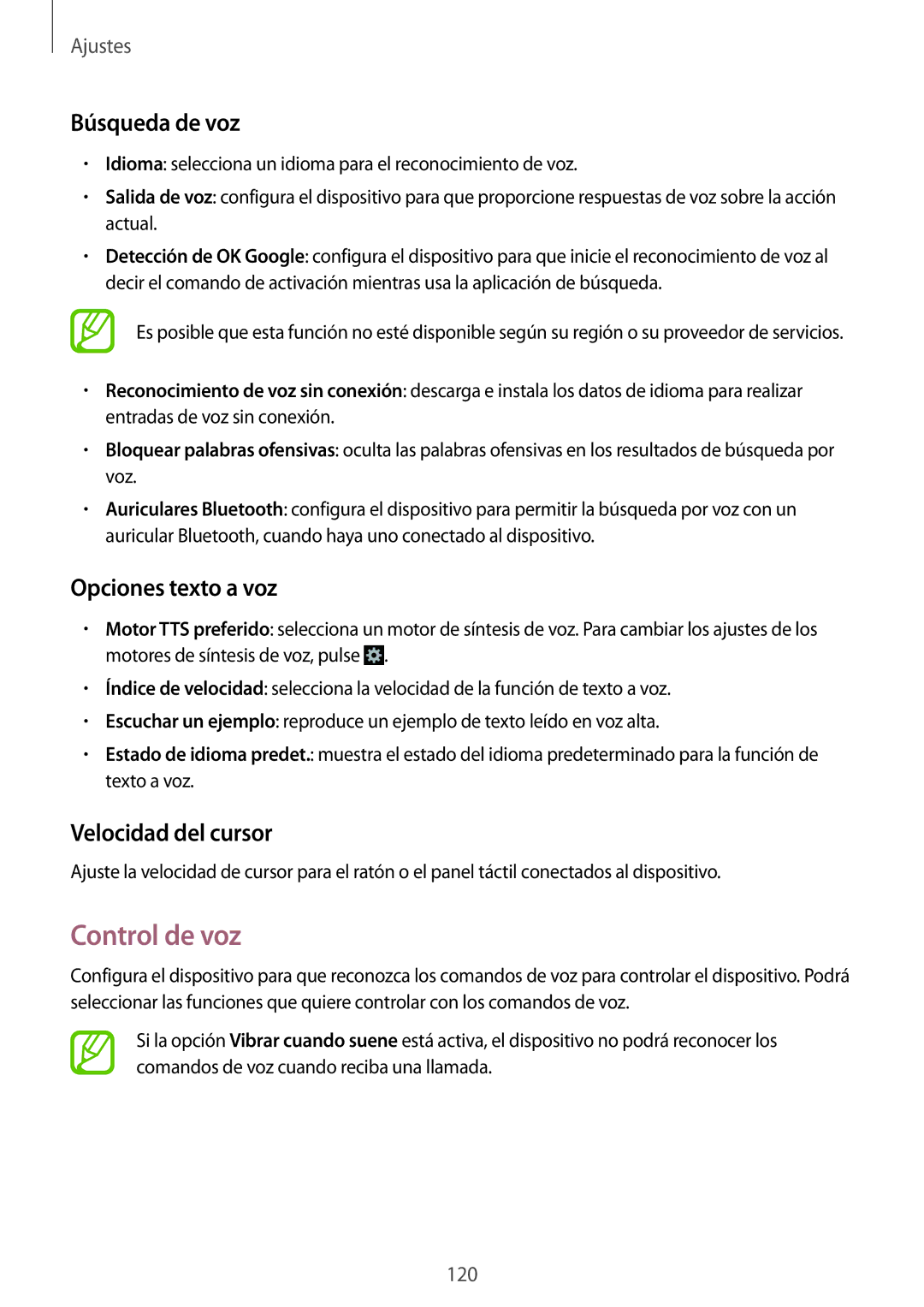 Samsung GT-I9305RWDSFR, GT-I9305OKDSFR manual Control de voz, Búsqueda de voz, Opciones texto a voz, Velocidad del cursor 