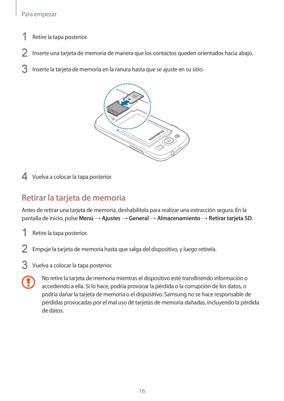 Samsung GT-I9305OKDSFR, GT-I9305RWDSFR, GT-I9305RWDATL, GT-I9305OKDKPN, GT-I9305MBDATL manual Retirar la tarjeta de memoria 