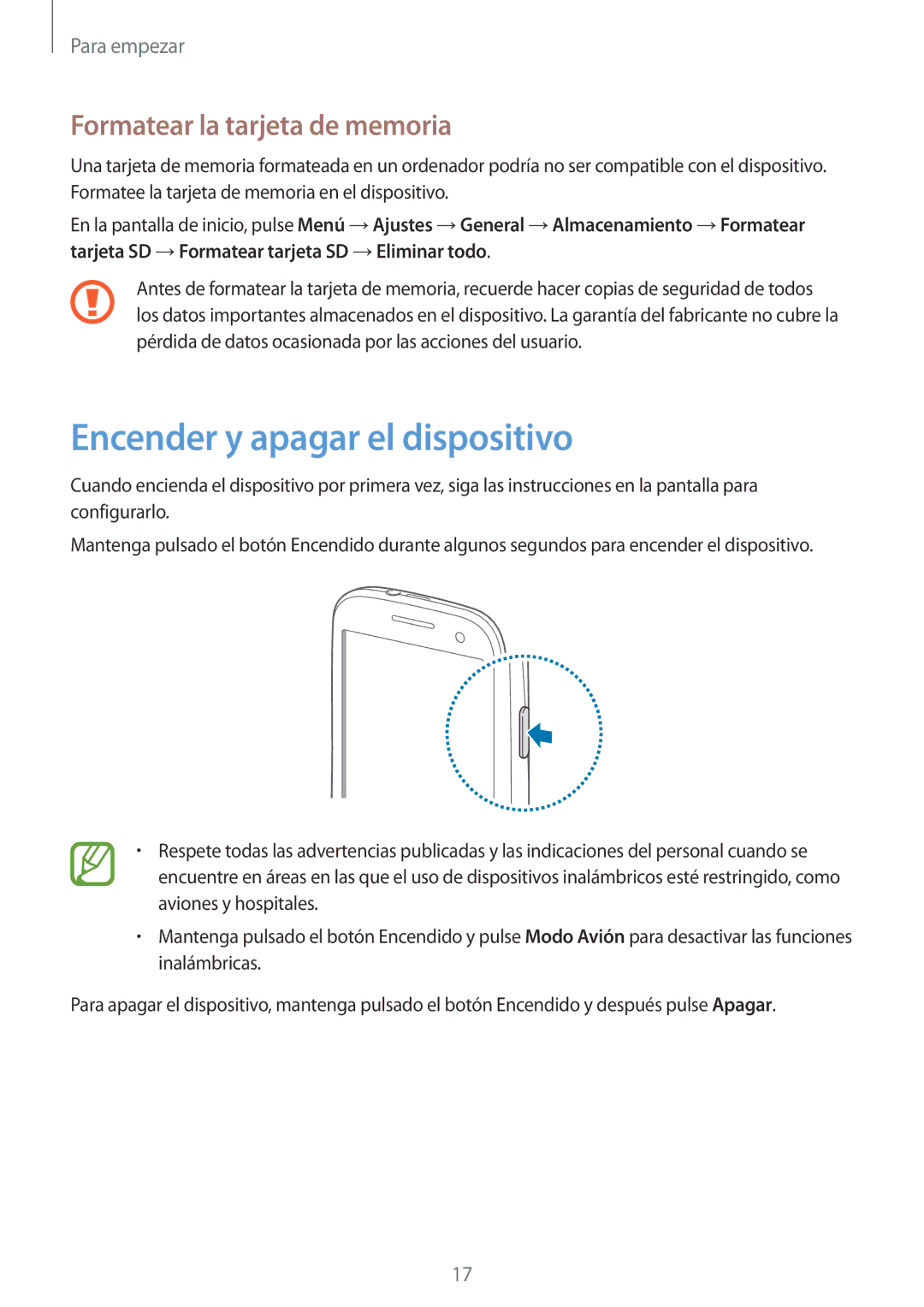 Samsung GT-I9305RWDATL, GT-I9305RWDSFR, GT-I9305OKDSFR Encender y apagar el dispositivo, Formatear la tarjeta de memoria 