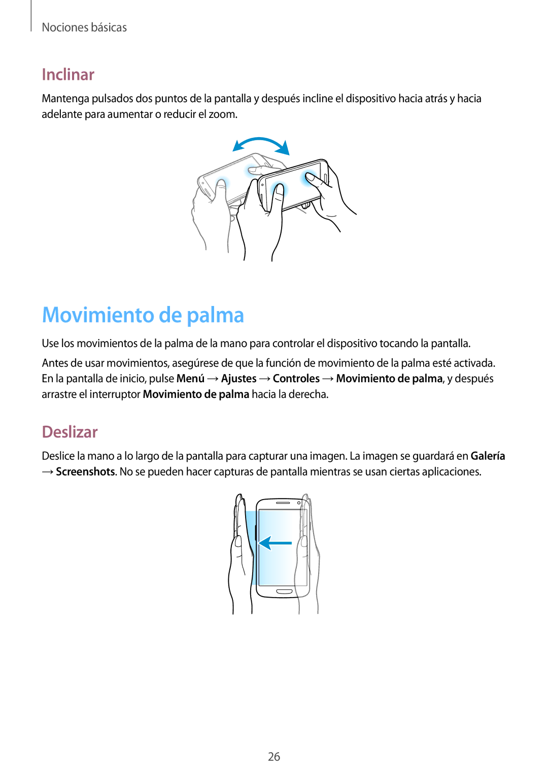 Samsung GT-I9305OKDSFR, GT-I9305RWDSFR, GT-I9305RWDATL, GT-I9305OKDKPN manual Movimiento de palma, Inclinar, Deslizar 