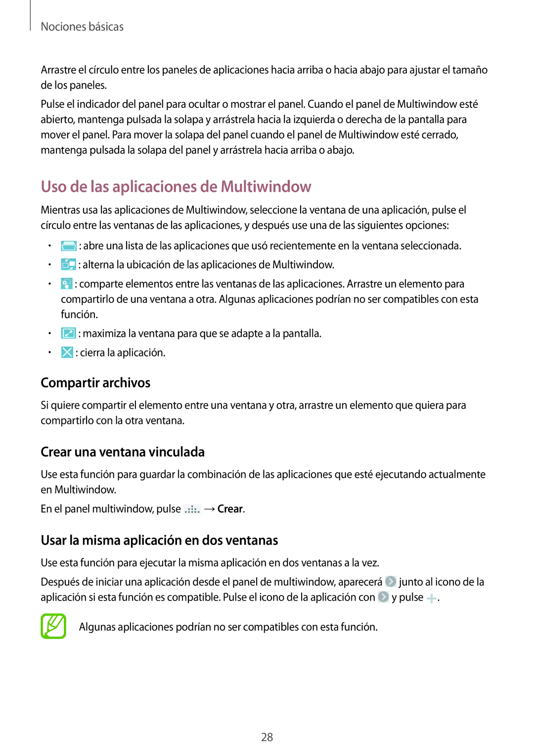 Samsung GT-I9305OKDKPN manual Uso de las aplicaciones de Multiwindow, Compartir archivos, Crear una ventana vinculada 