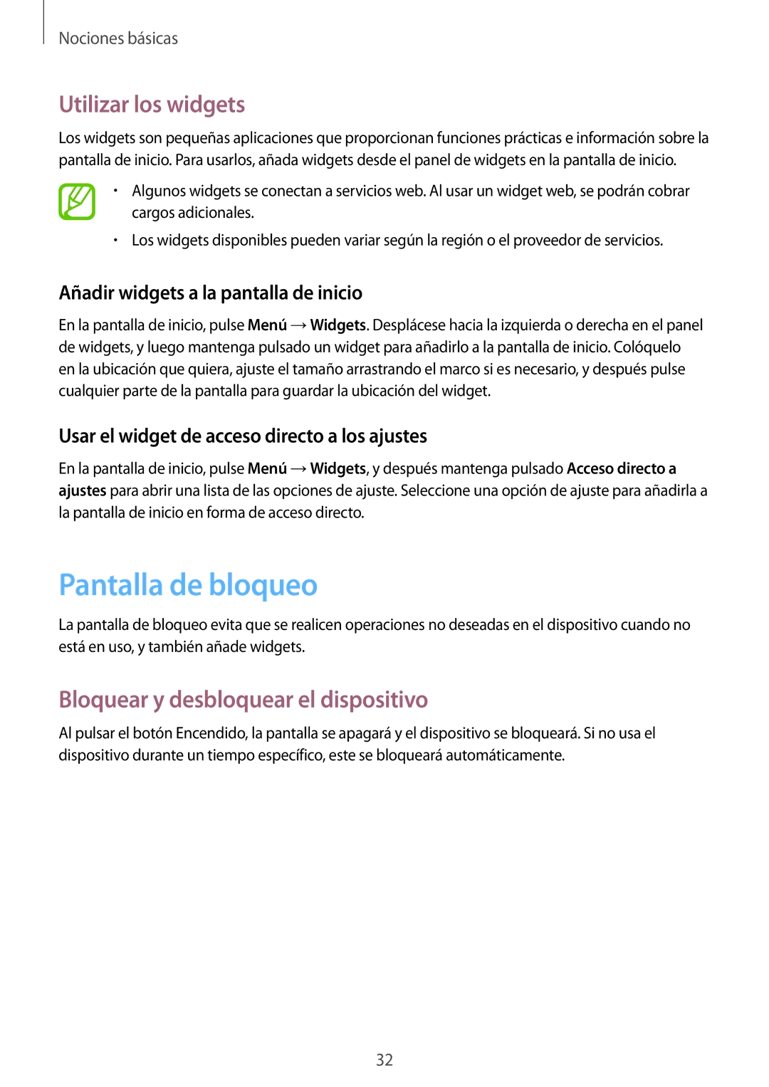 Samsung GT-I9305RWDATL, GT-I9305RWDSFR Pantalla de bloqueo, Utilizar los widgets, Bloquear y desbloquear el dispositivo 