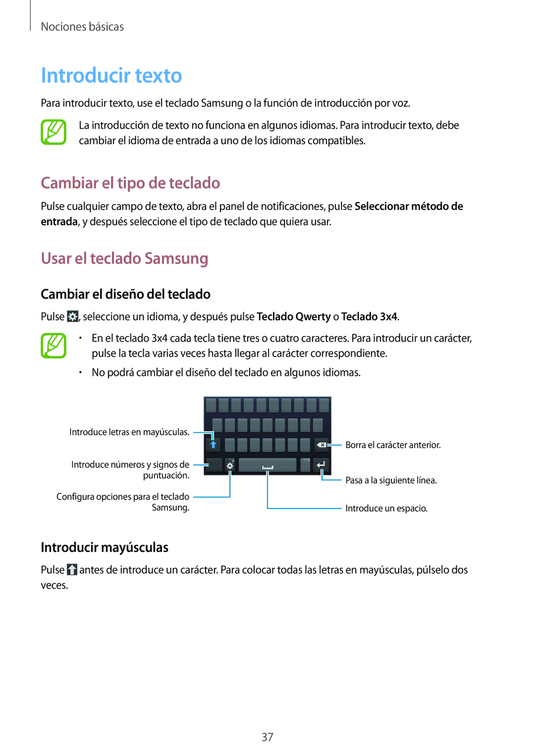 Samsung GT-I9305RWDATL manual Introducir texto, Cambiar el tipo de teclado, Usar el teclado Samsung, Introducir mayúsculas 