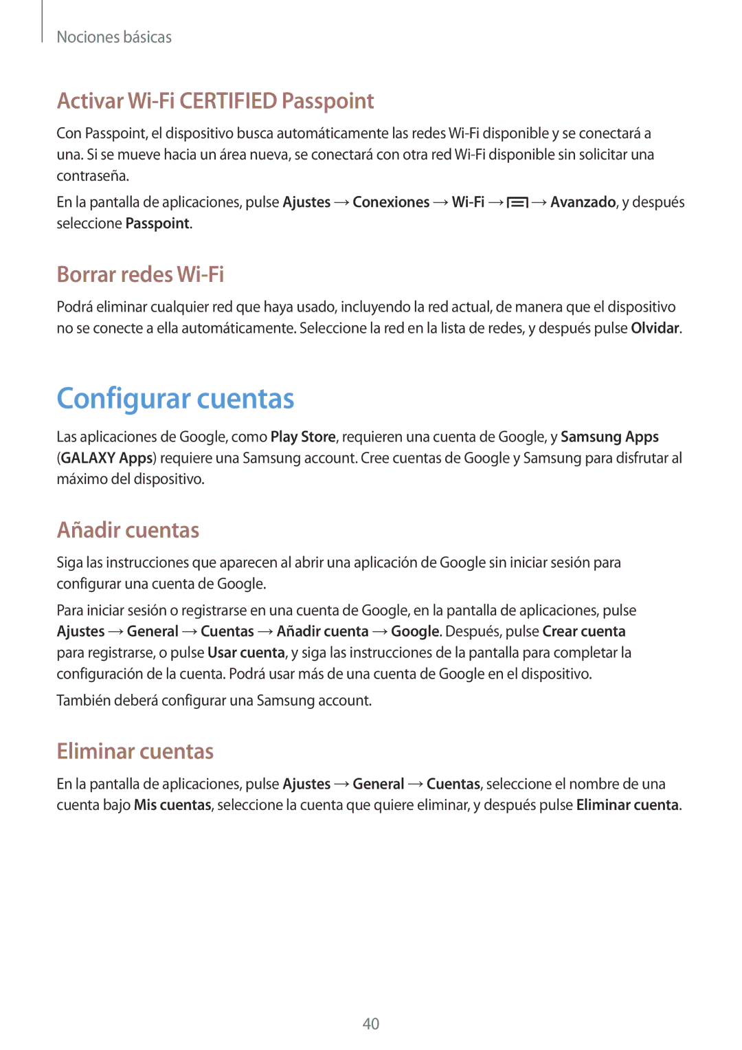 Samsung GT-I9305RWDSFR manual Configurar cuentas, Activar Wi-Fi Certified Passpoint, Borrar redes Wi-Fi, Añadir cuentas 