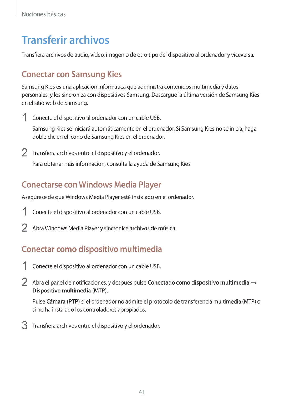 Samsung GT-I9305OKDSFR, GT-I9305RWDSFR Transferir archivos, Conectar con Samsung Kies, Conectarse con Windows Media Player 