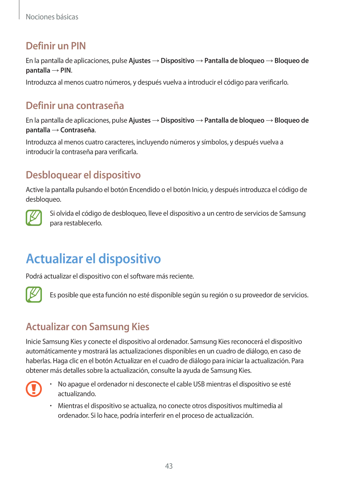 Samsung GT-I9305OKDKPN manual Actualizar el dispositivo, Definir un PIN, Definir una contraseña, Desbloquear el dispositivo 