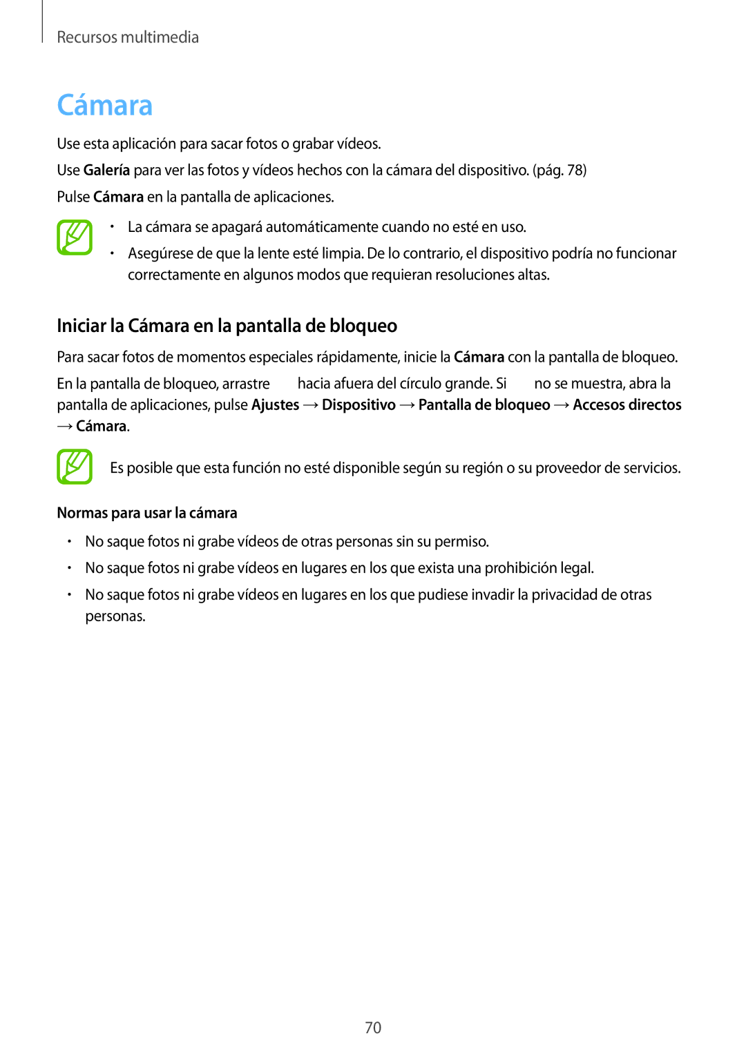 Samsung GT-I9305RWDSFR manual Iniciar la Cámara en la pantalla de bloqueo, → Cámara, Normas para usar la cámara 