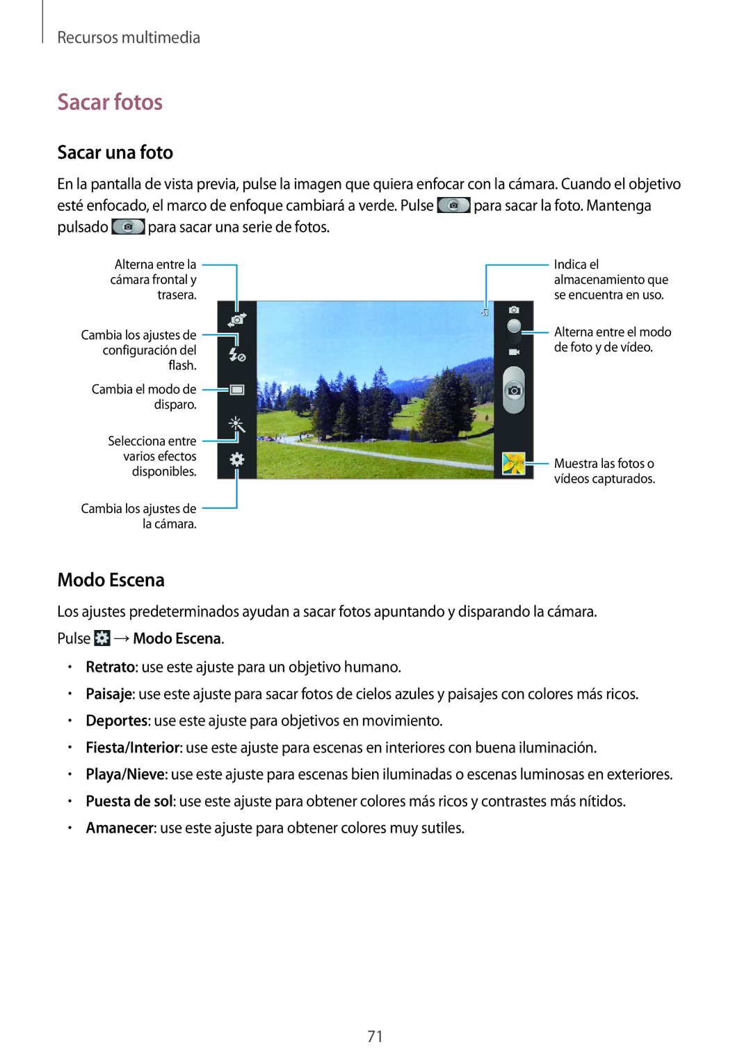 Samsung GT-I9305OKDSFR, GT-I9305RWDSFR, GT-I9305RWDATL, GT-I9305OKDKPN manual Sacar fotos, Sacar una foto, Modo Escena 